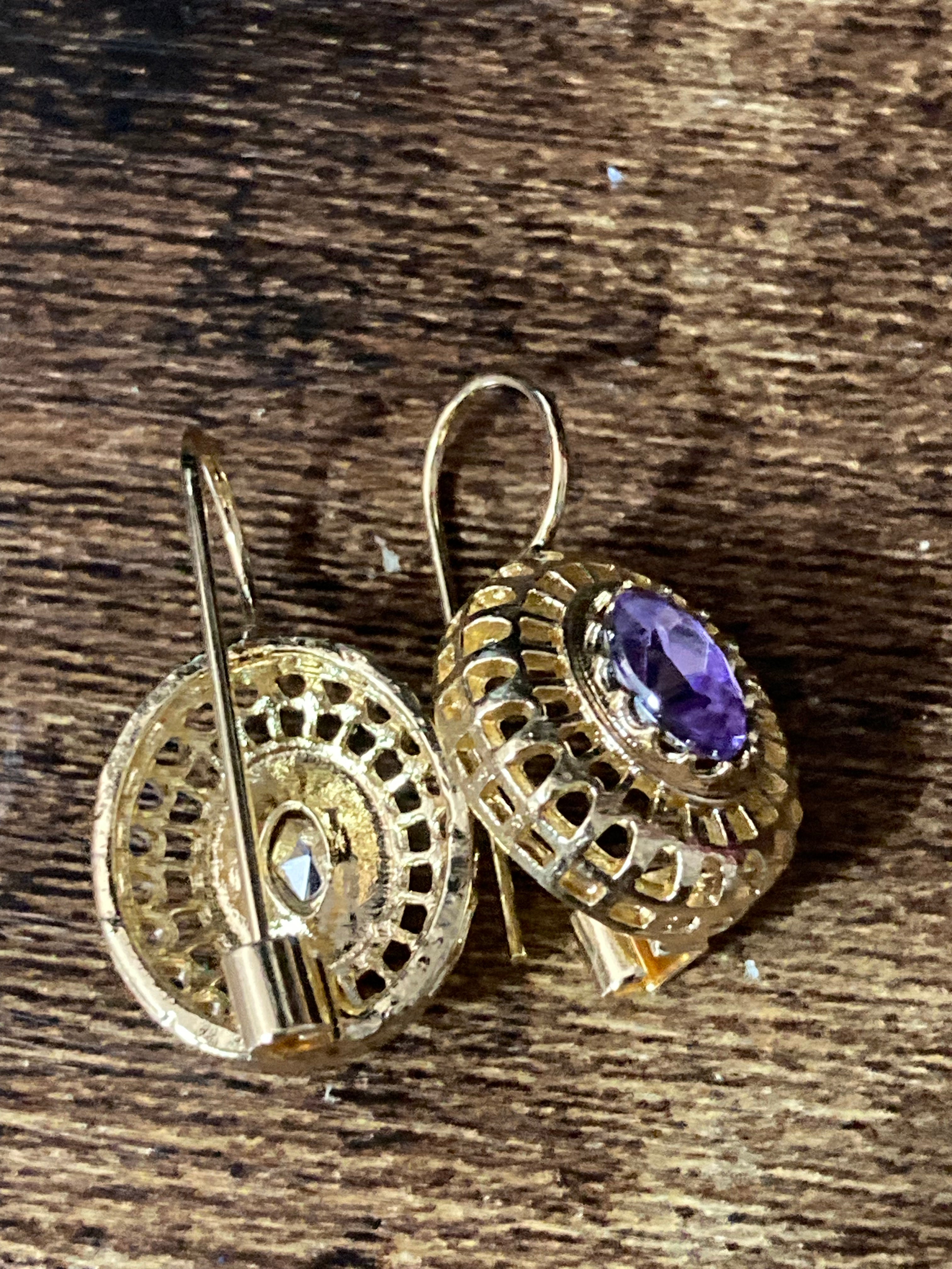 Gold amethyst diamanté drop earrings Victorian style