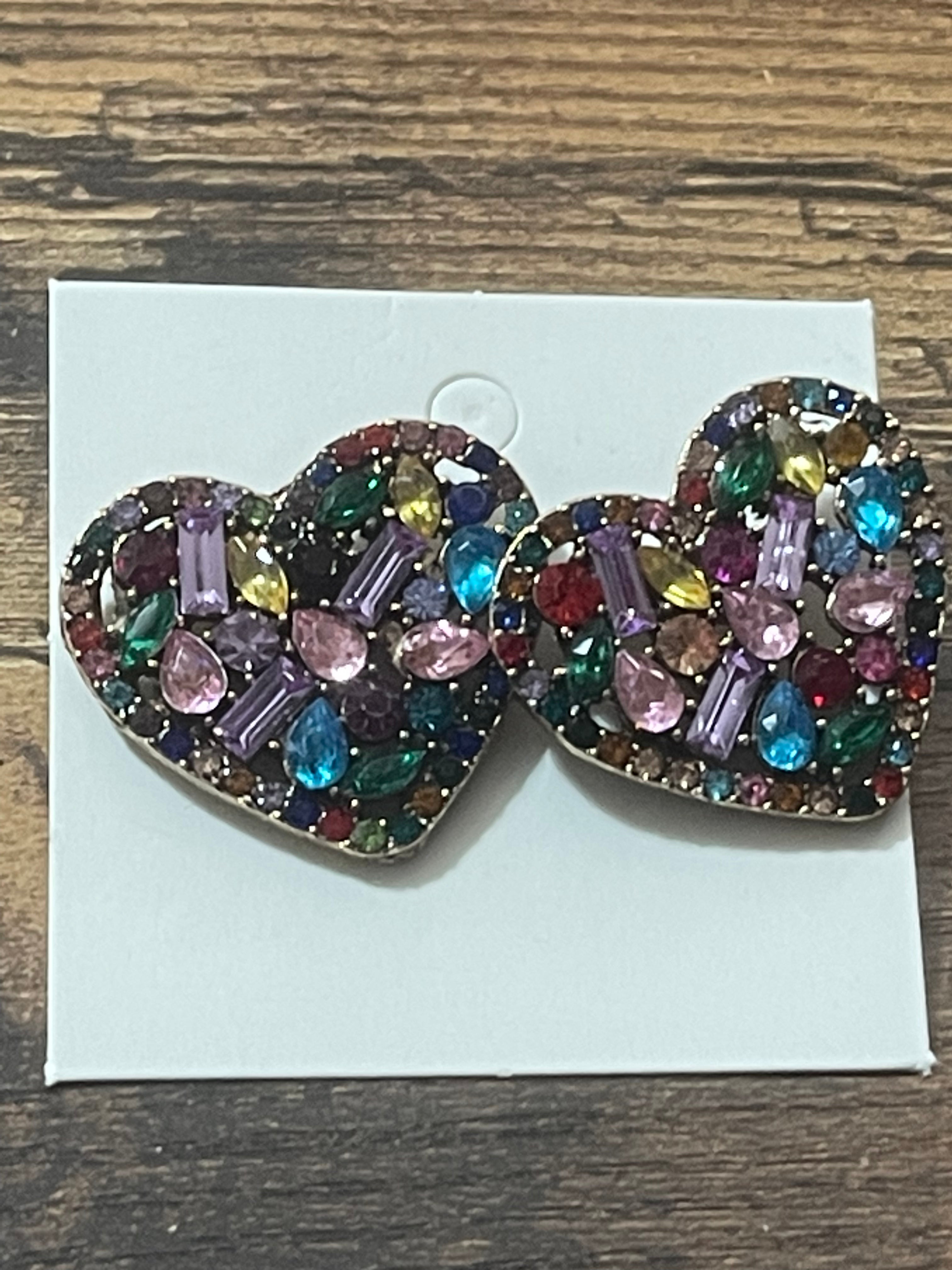 Large bright rainbow diamanté Crystal love heart earrings