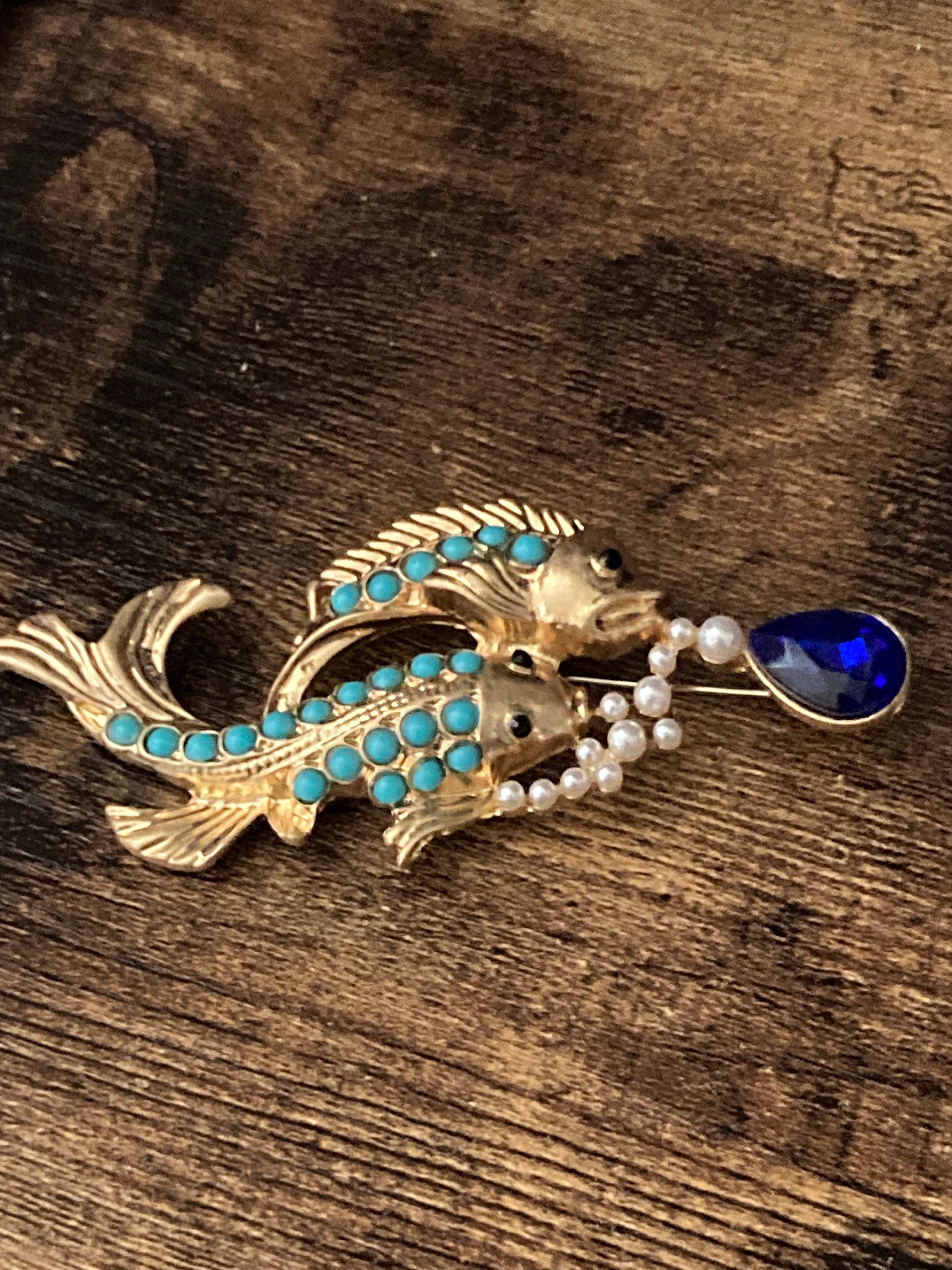 Oriental fish brooch with turquoise and diamanté