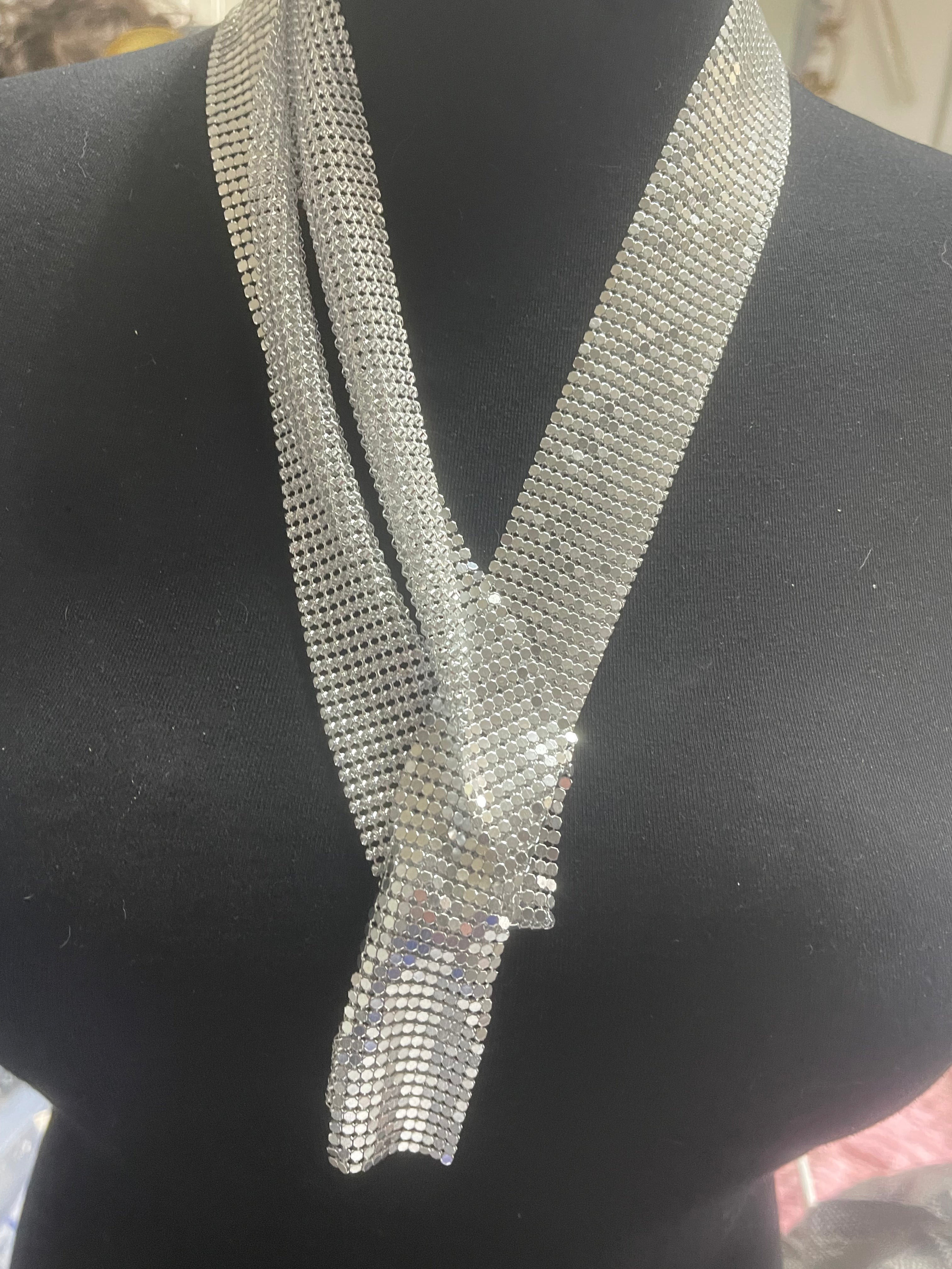 Long silver mesh chainmail versatile necklace