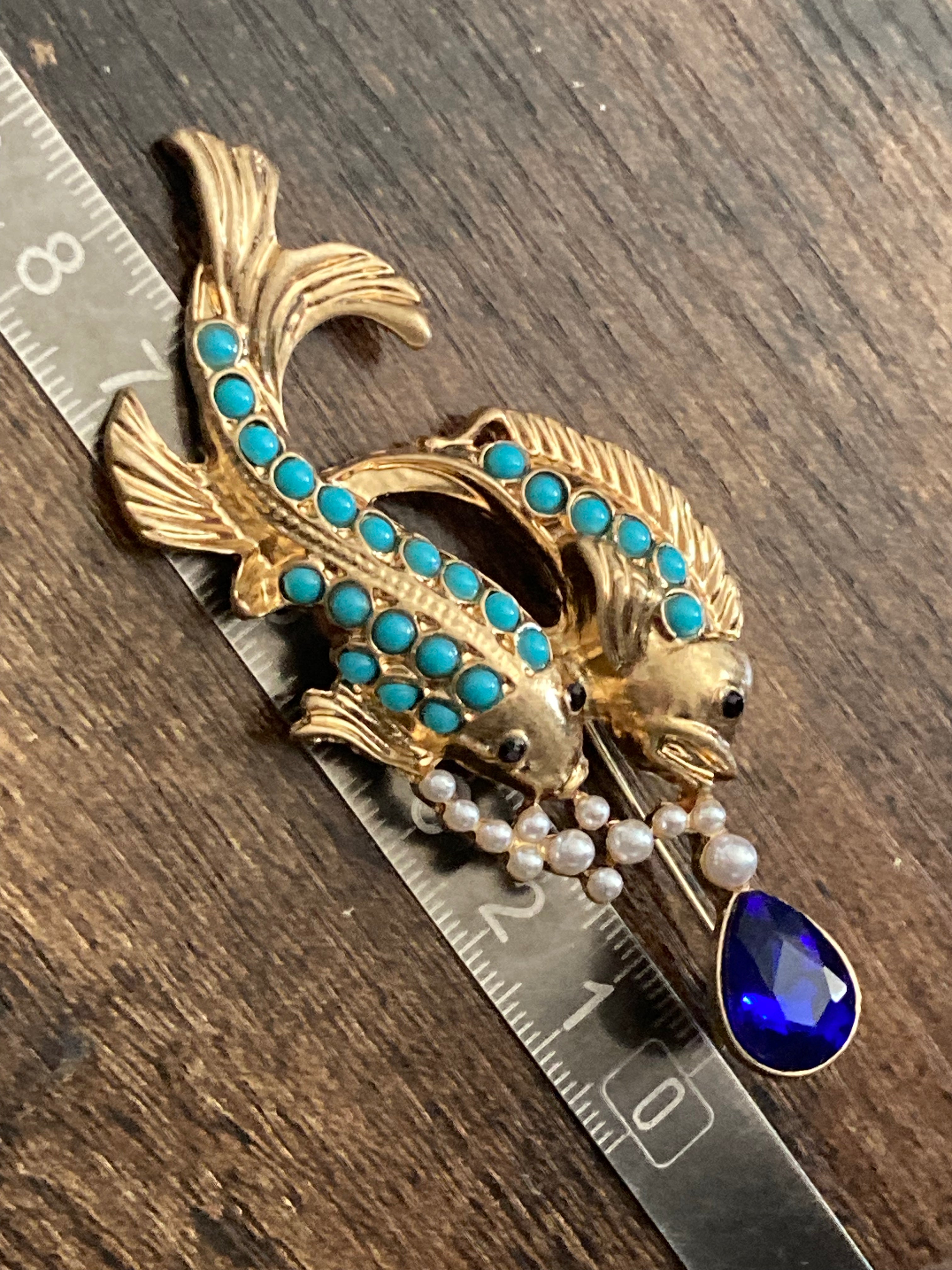 Oriental fish brooch with turquoise and diamanté