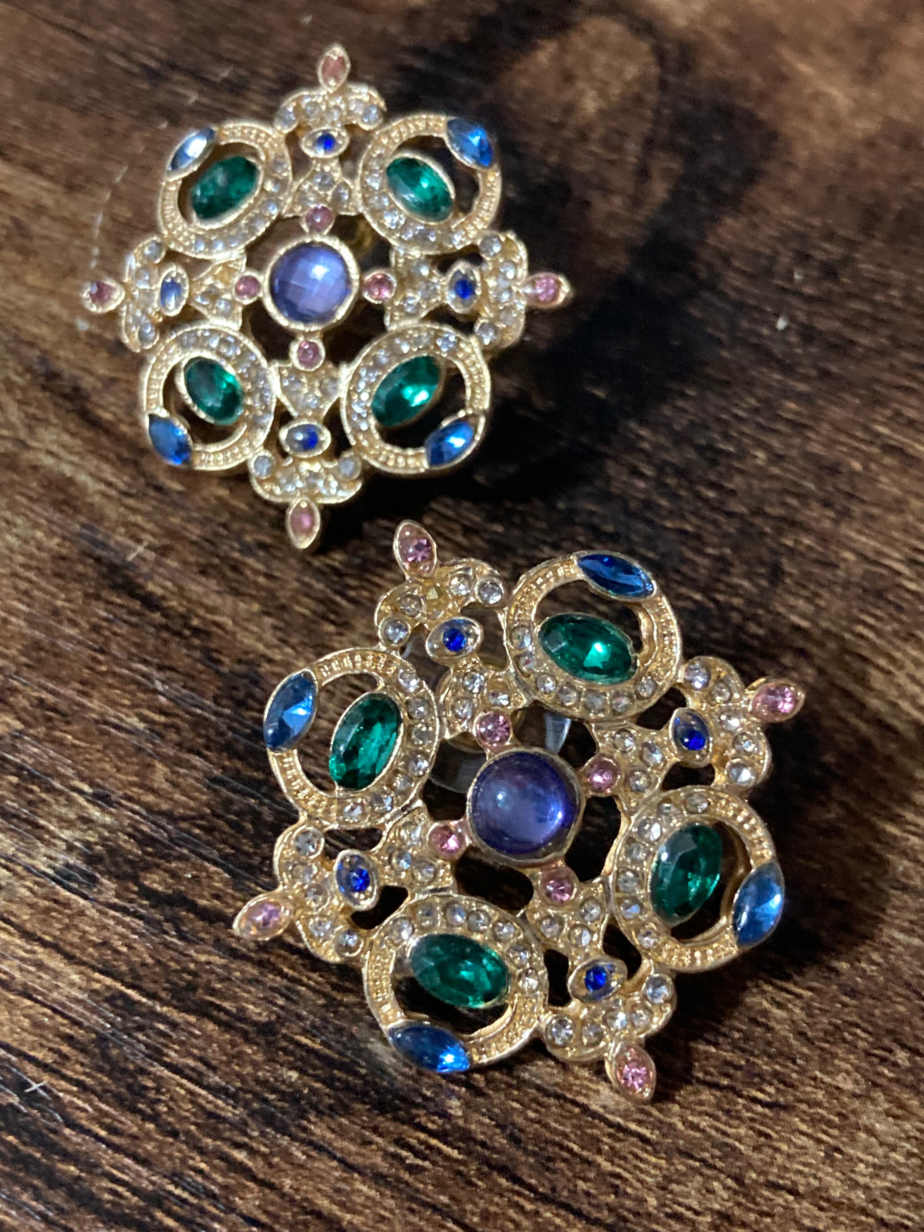 Oversized diamanté regal stud earrings purple green