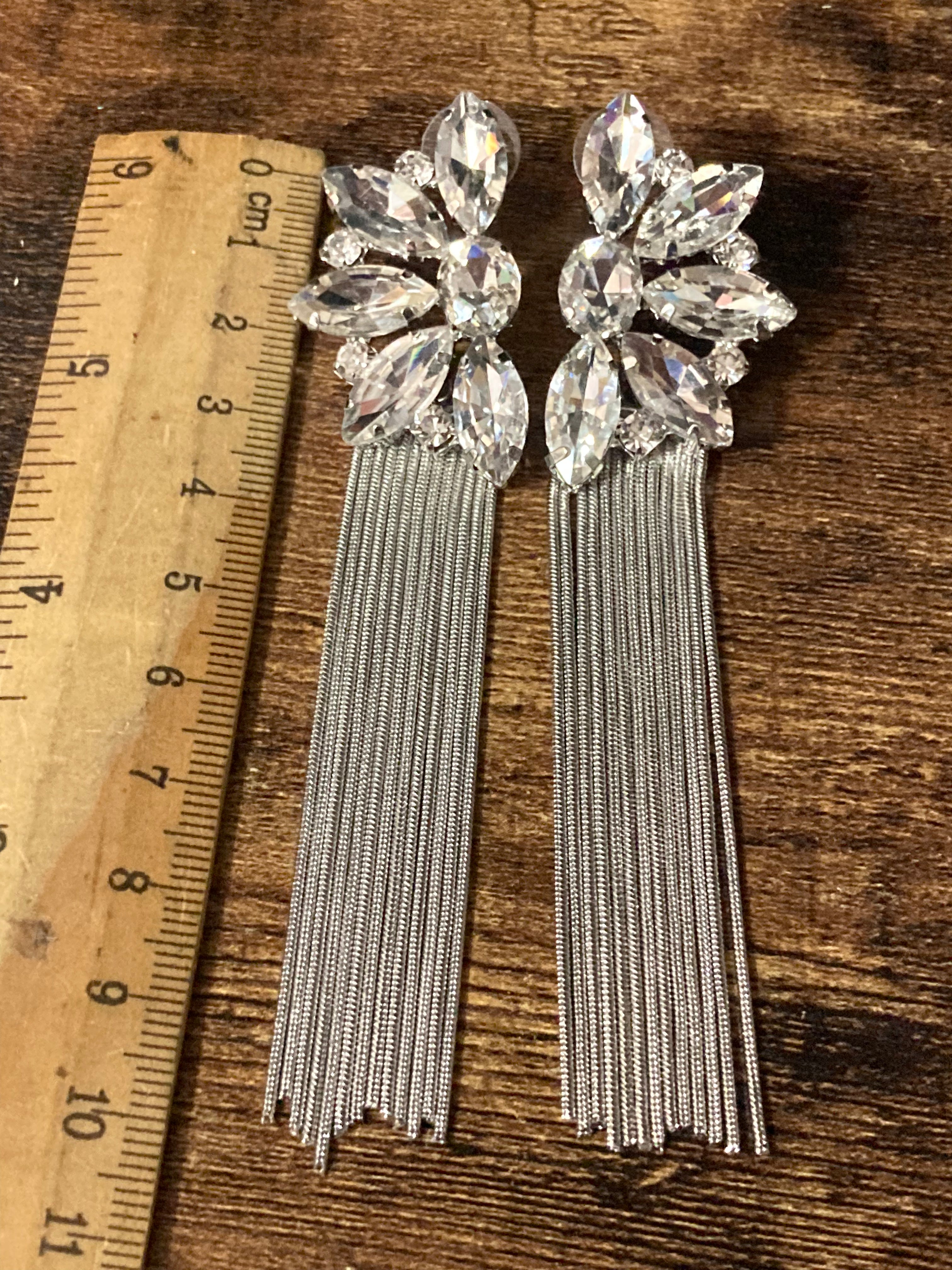 Diamanté silver long tassel earrings