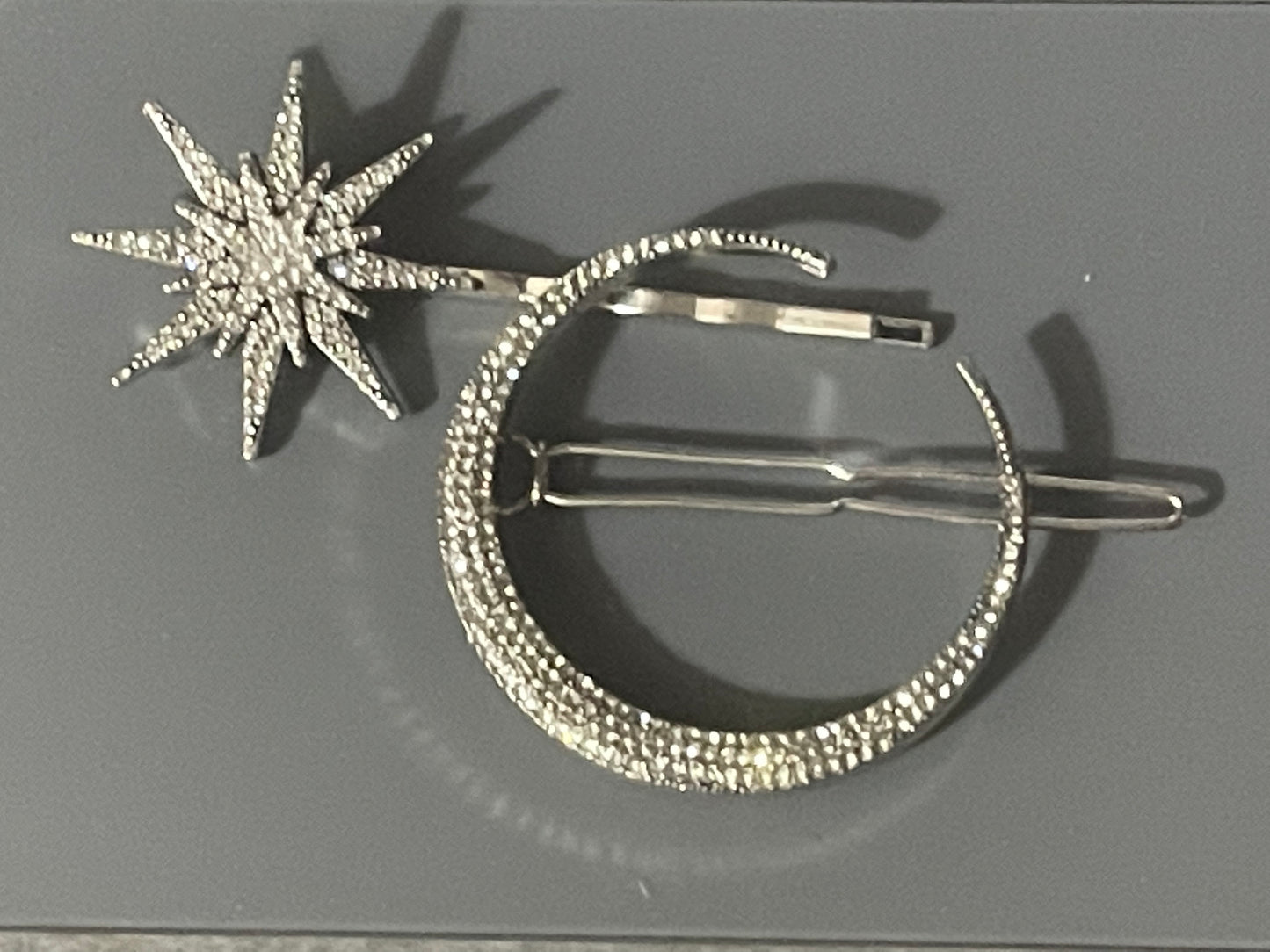 Star and moon silver diamanté celestial hair clips