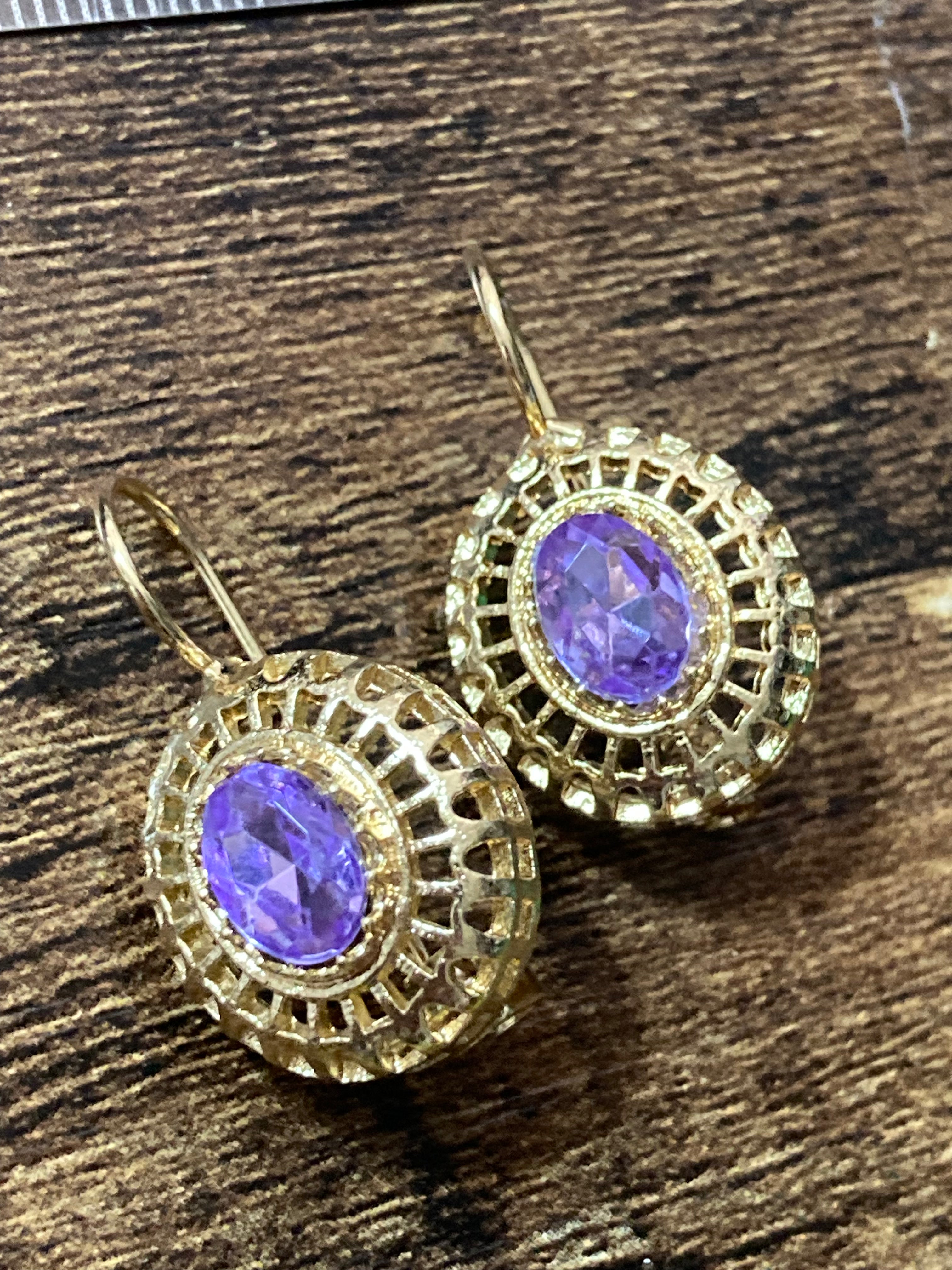 Gold amethyst diamanté drop earrings Victorian style