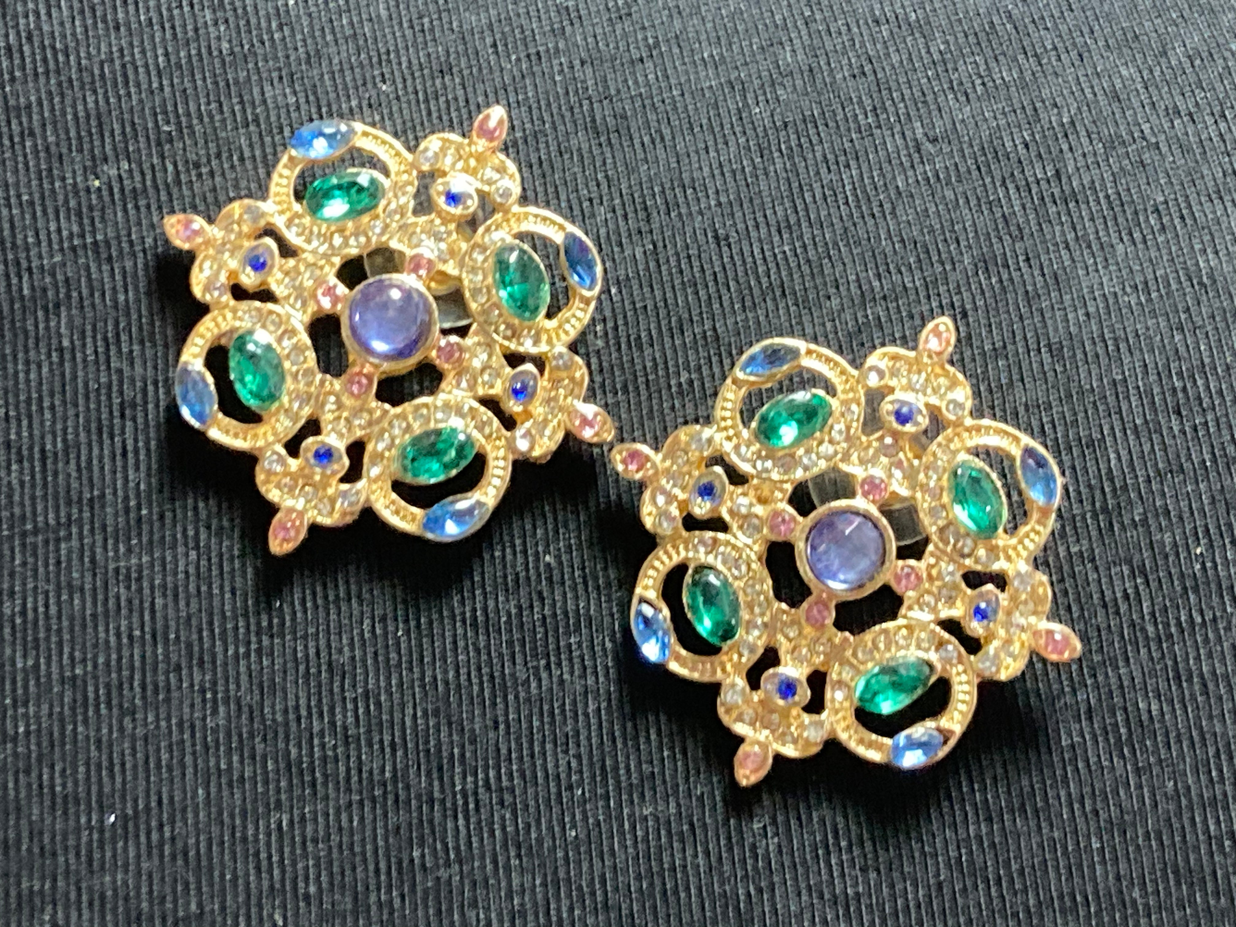 Oversized diamanté regal stud earrings purple green