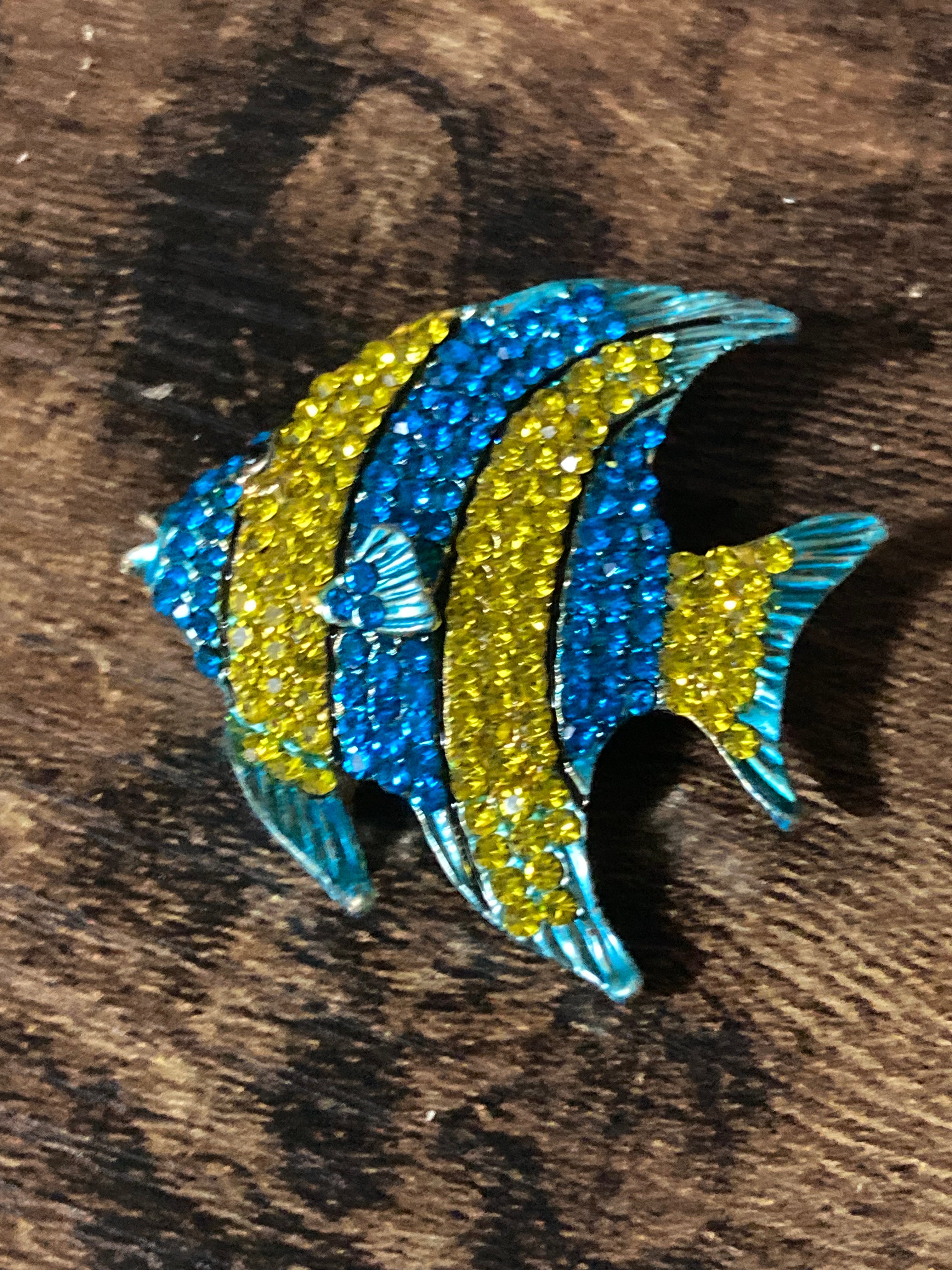 Diamanté fish brooch blue and yellow