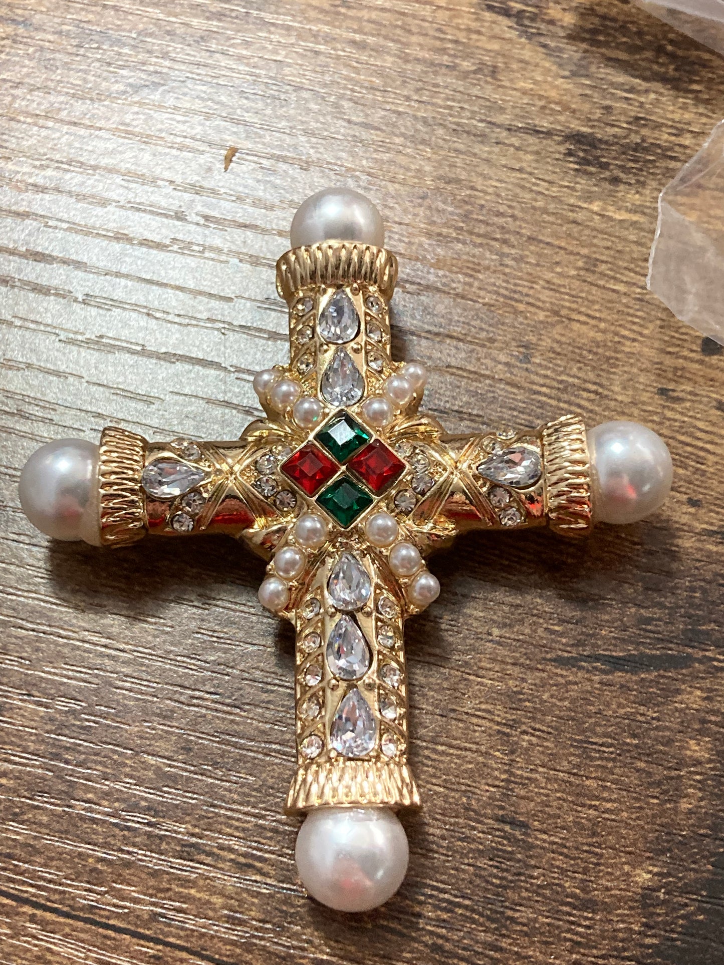 gold cross brooch and pendant with pearl and diamanté