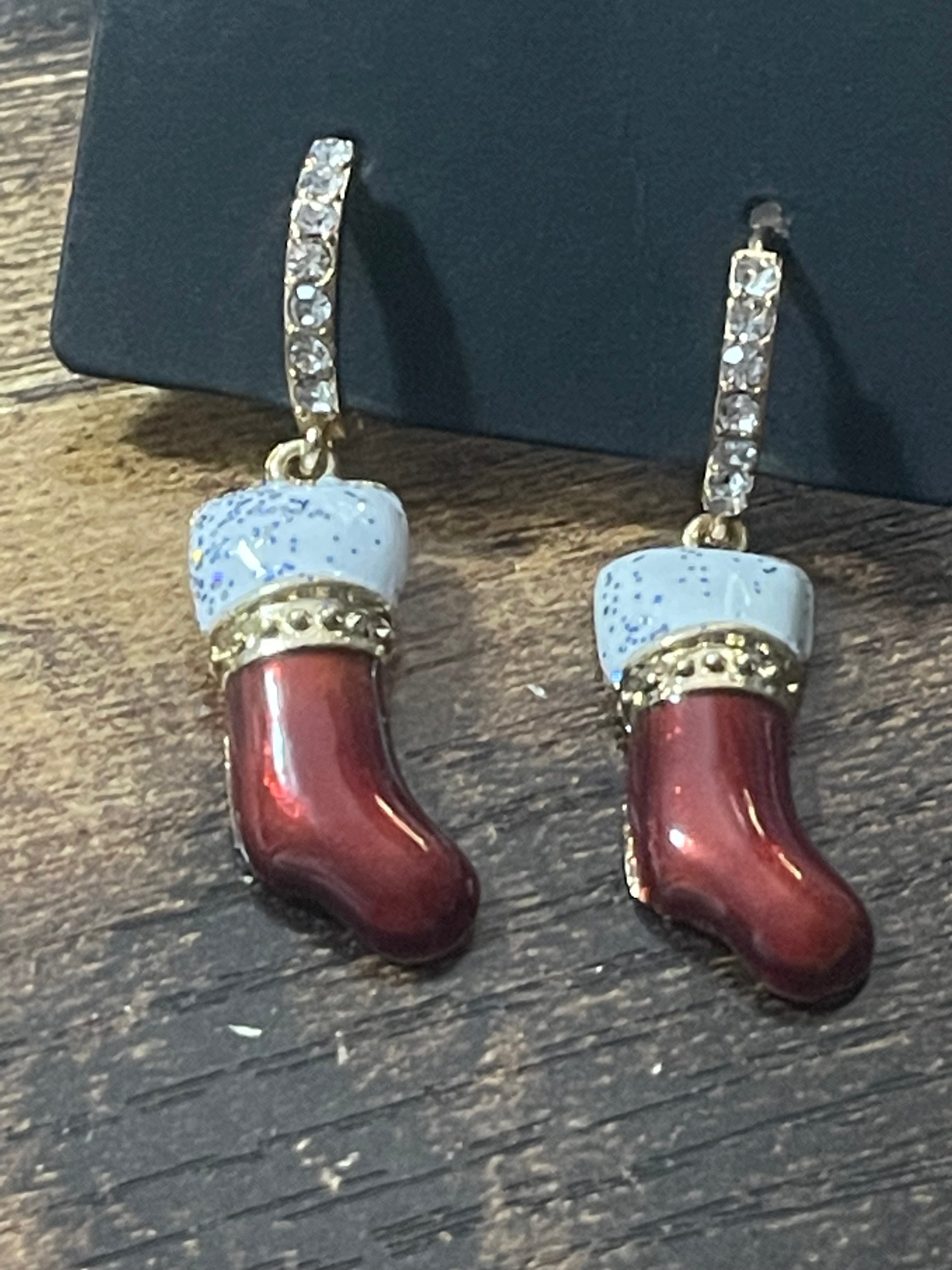 Novelty Christmas stocking red enamel diamanté earrings