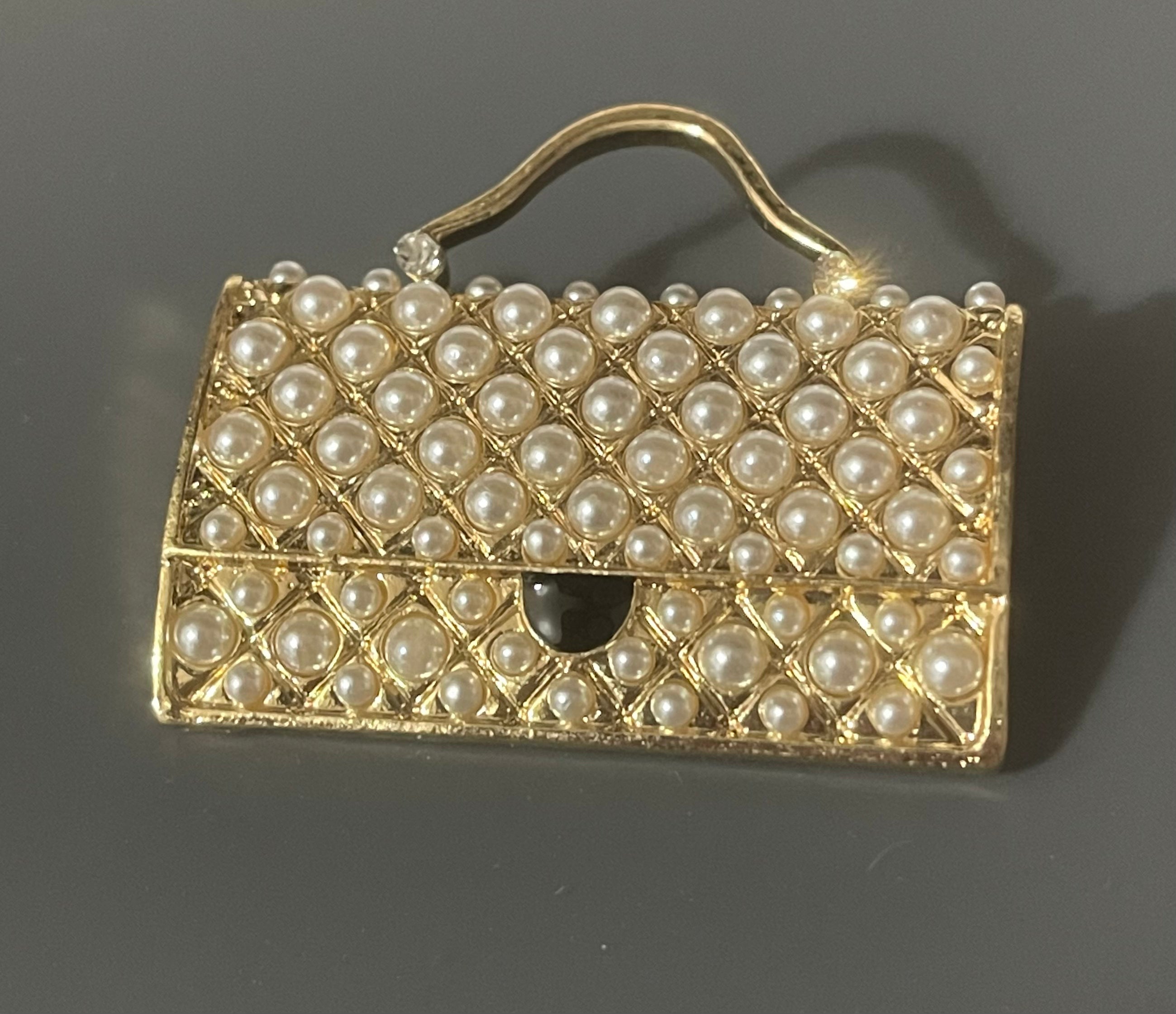 Novelty seed pearl handbag brooch gold tone