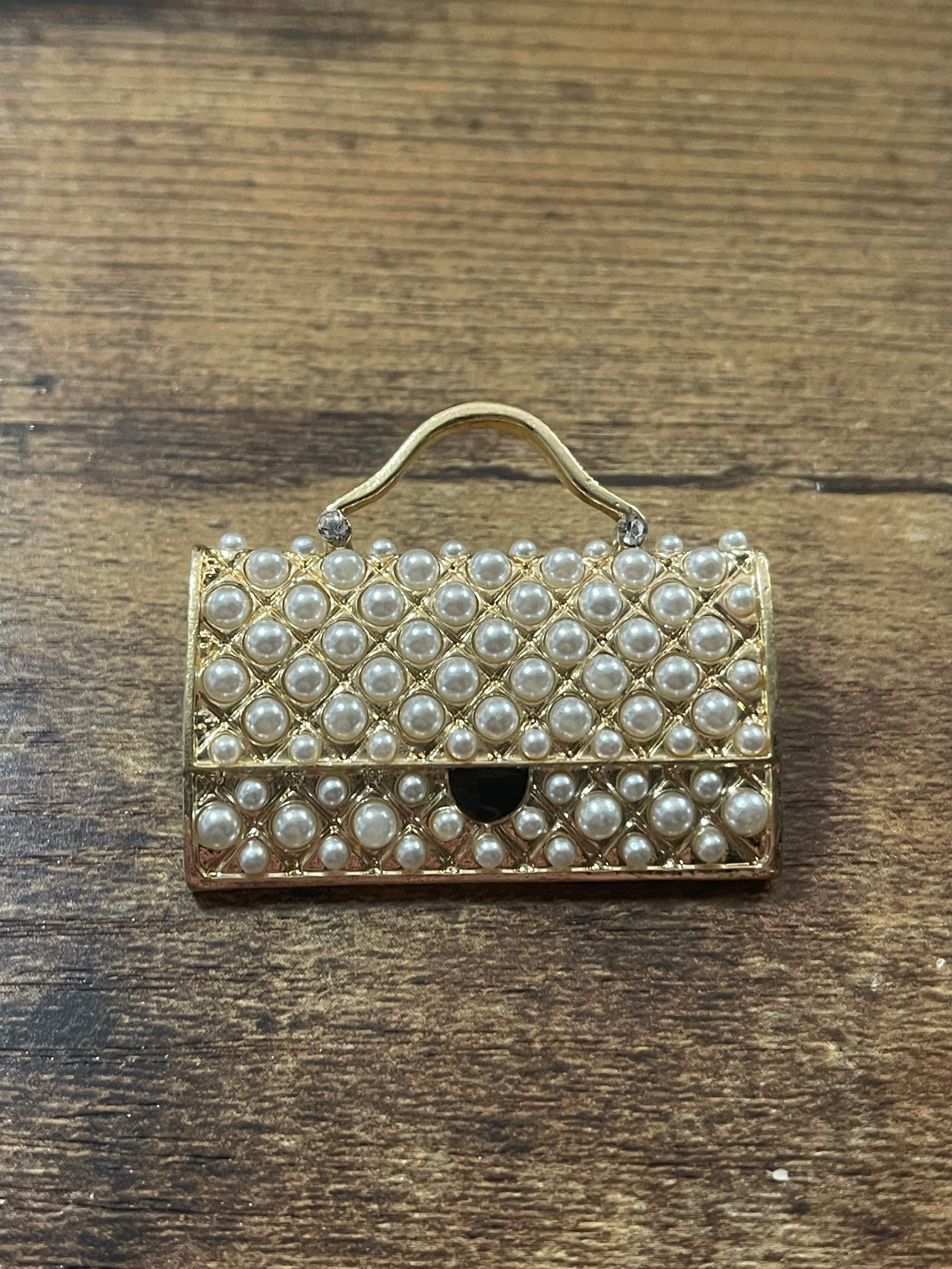 Novelty seed pearl handbag brooch gold tone