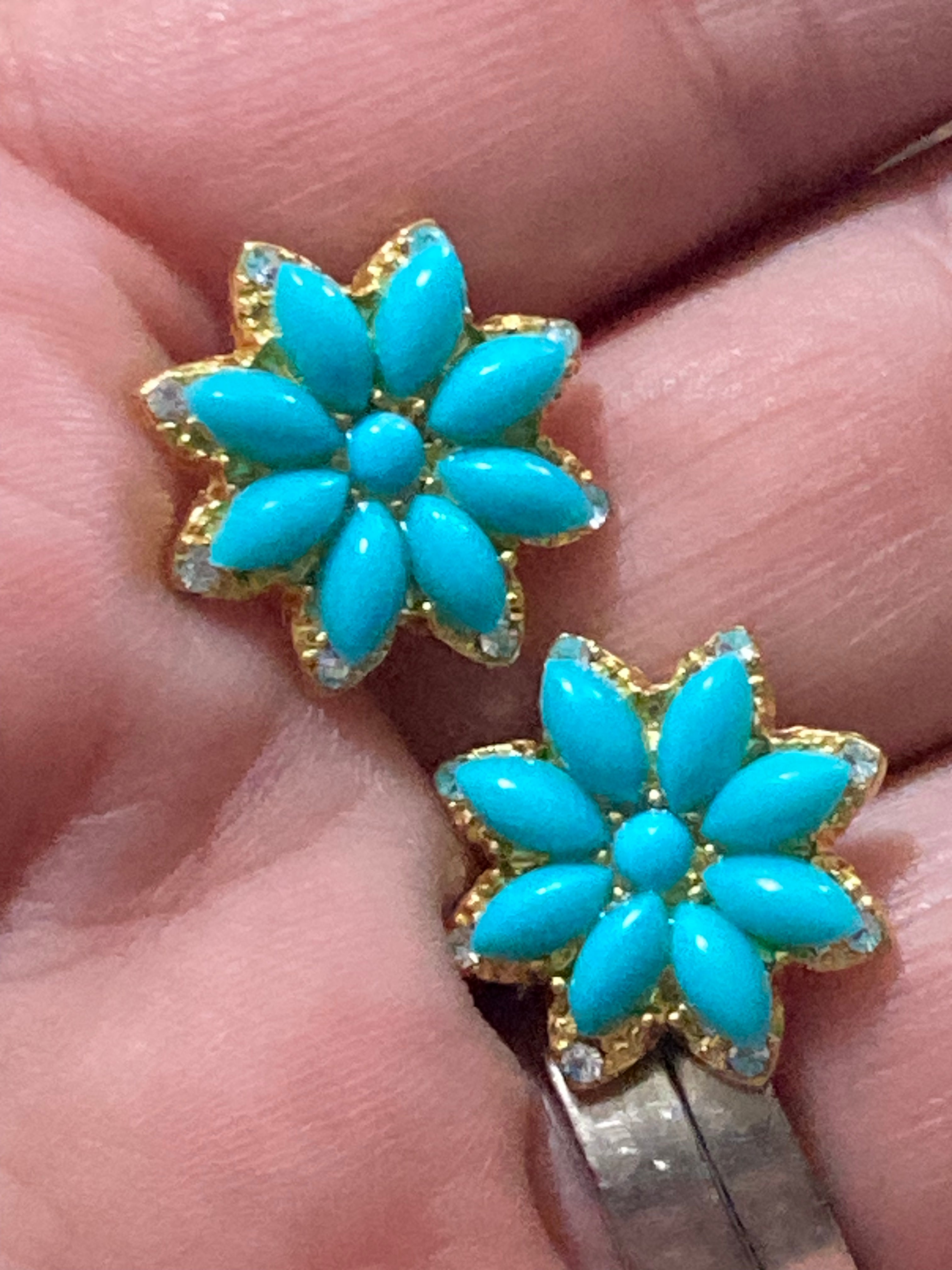 Small turquoise diamanté flower stud earrings