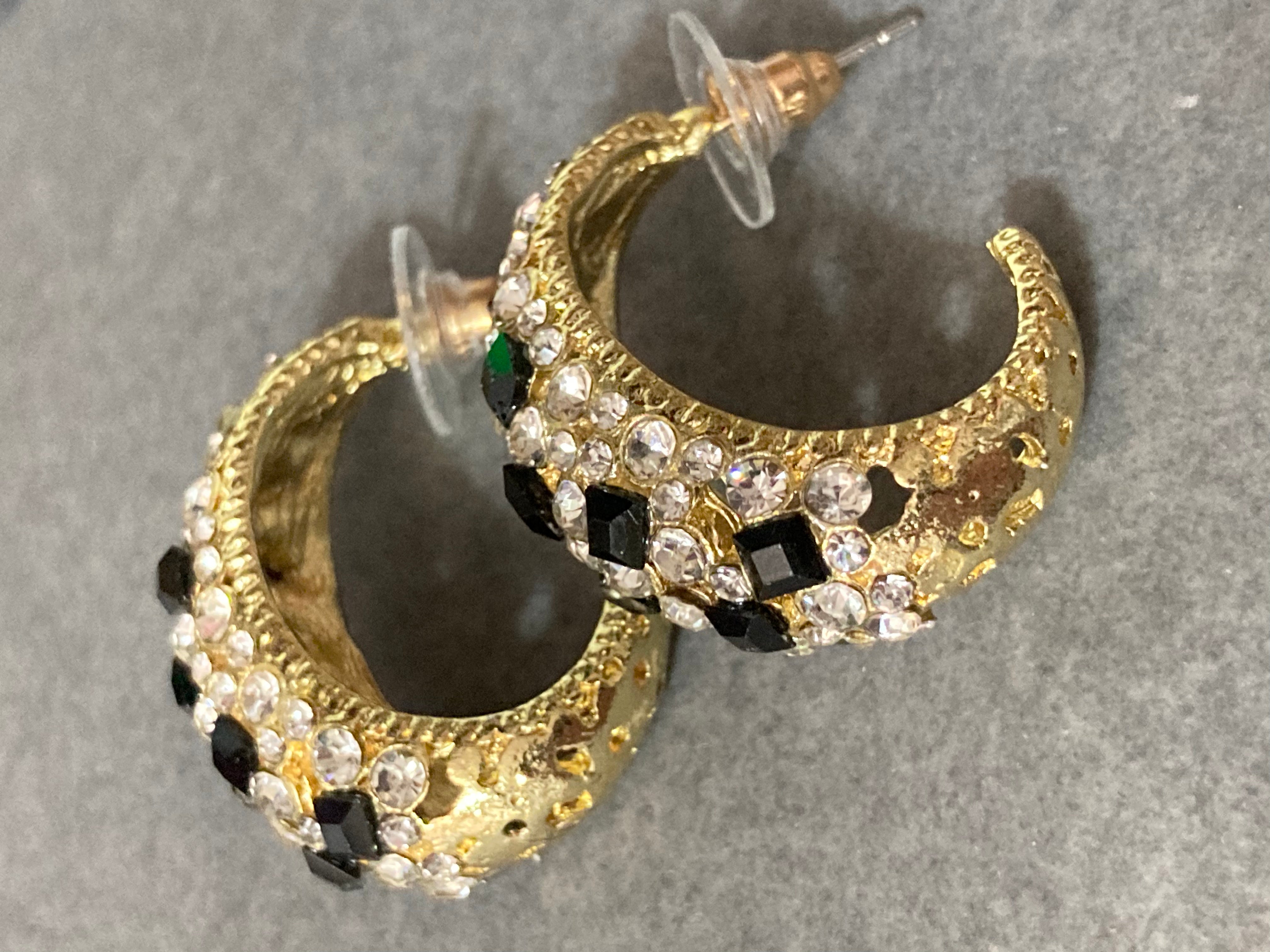 Black & clear diamanté Crystal gold half hoop earrings