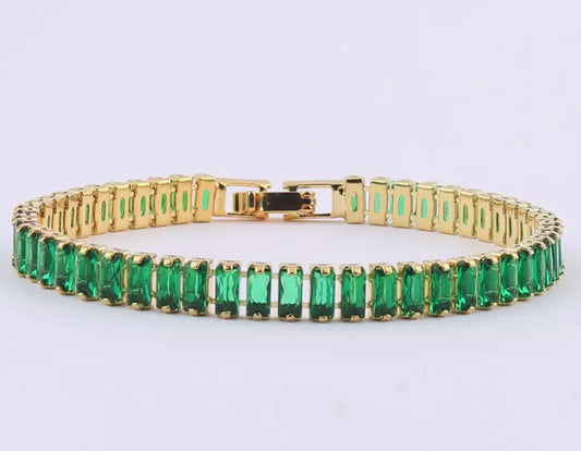 High End Emerald Green CZ tennis bracelet baguette Crystal diamanté gold plated