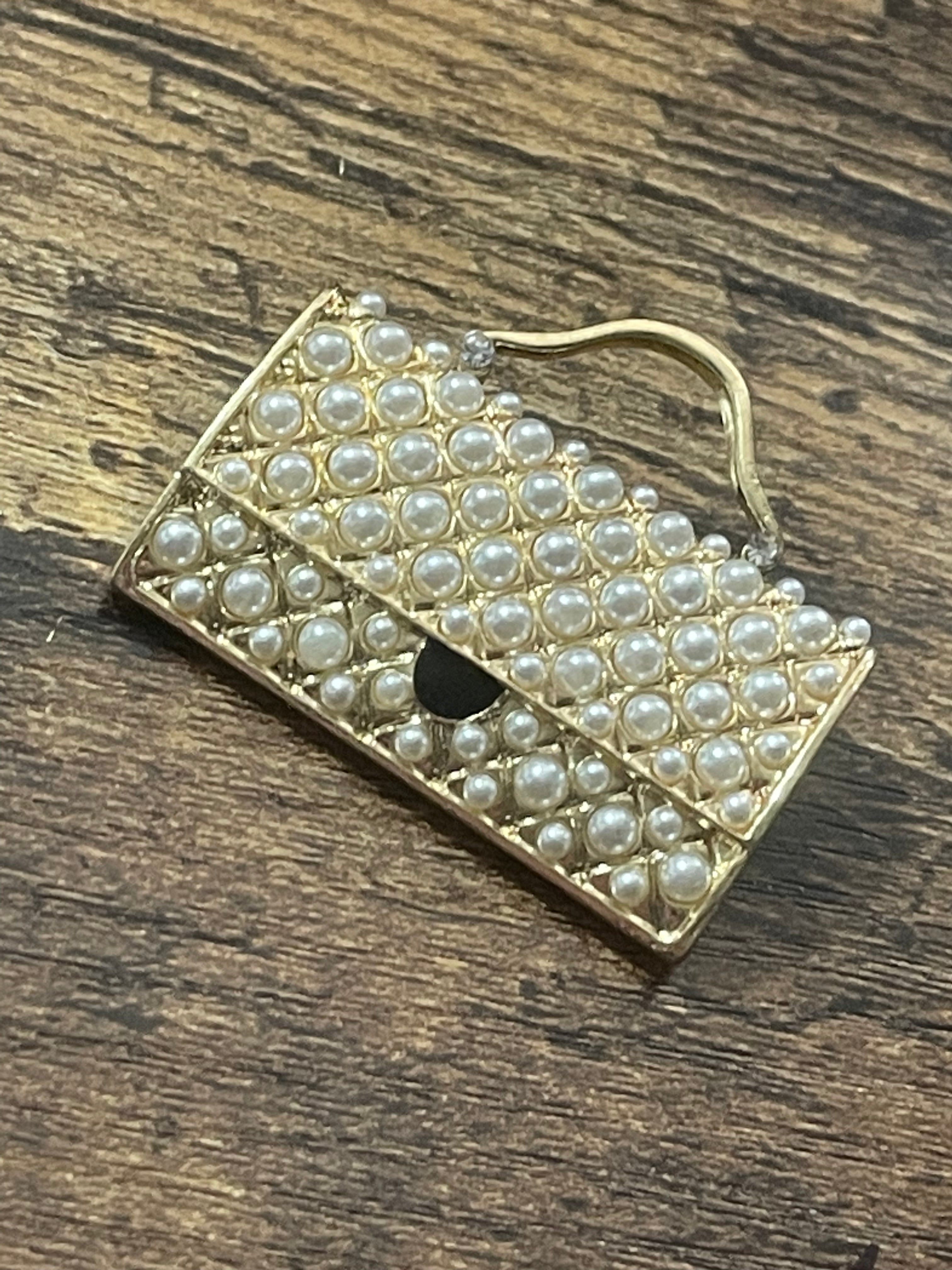 Novelty seed pearl handbag brooch gold tone