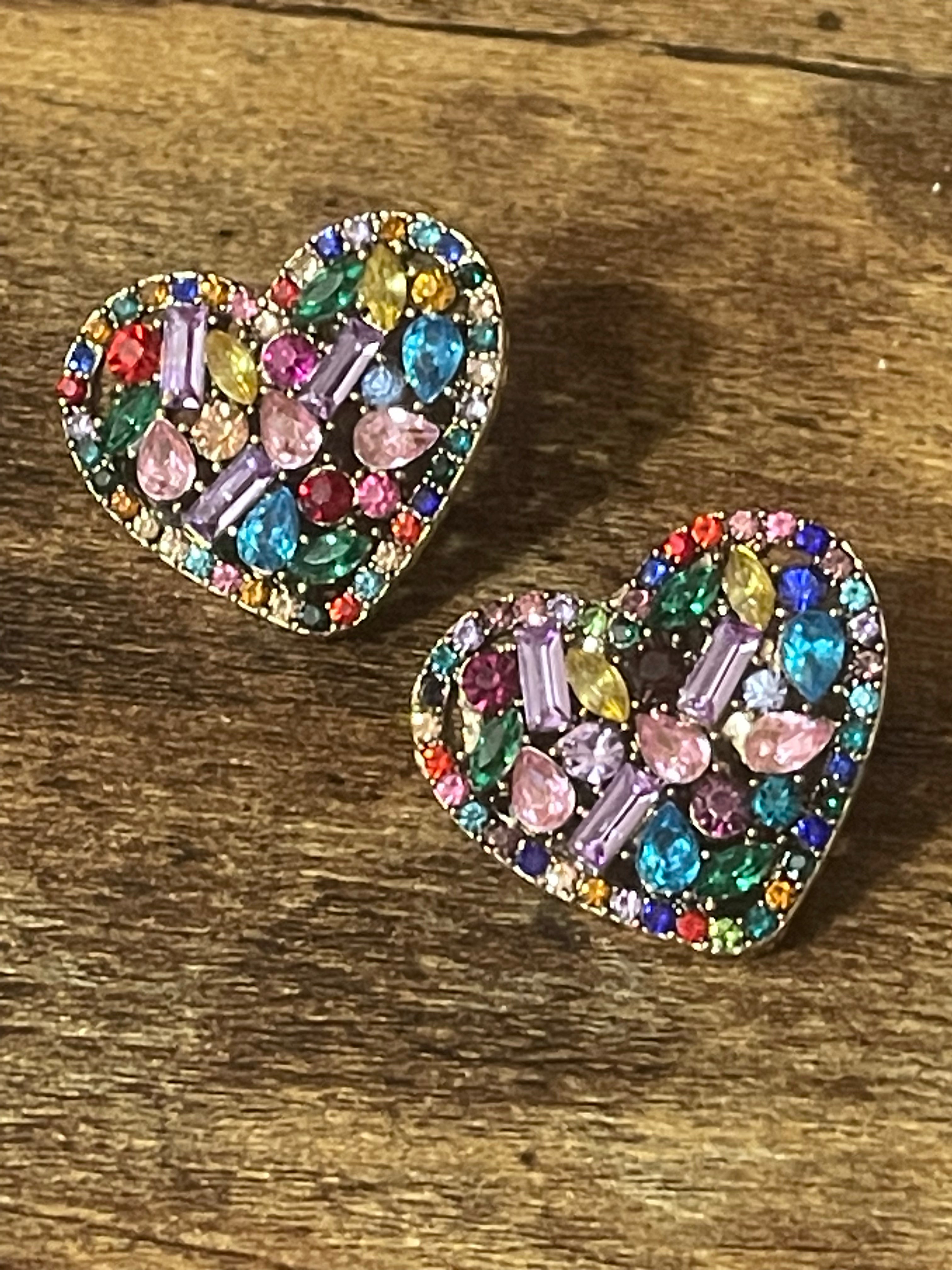 Large bright rainbow diamanté Crystal love heart earrings