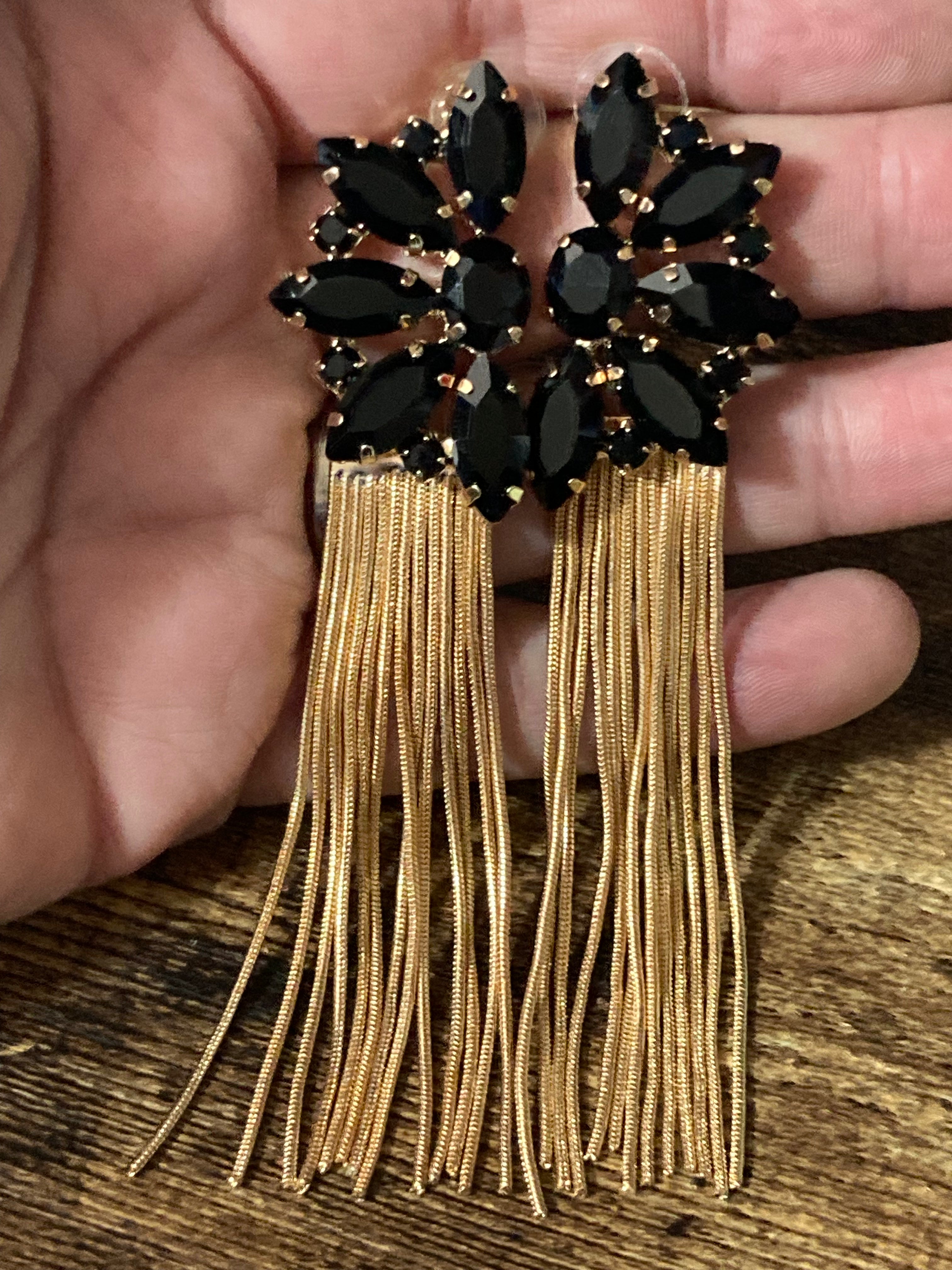 Black diamanté long gold tassel earrings