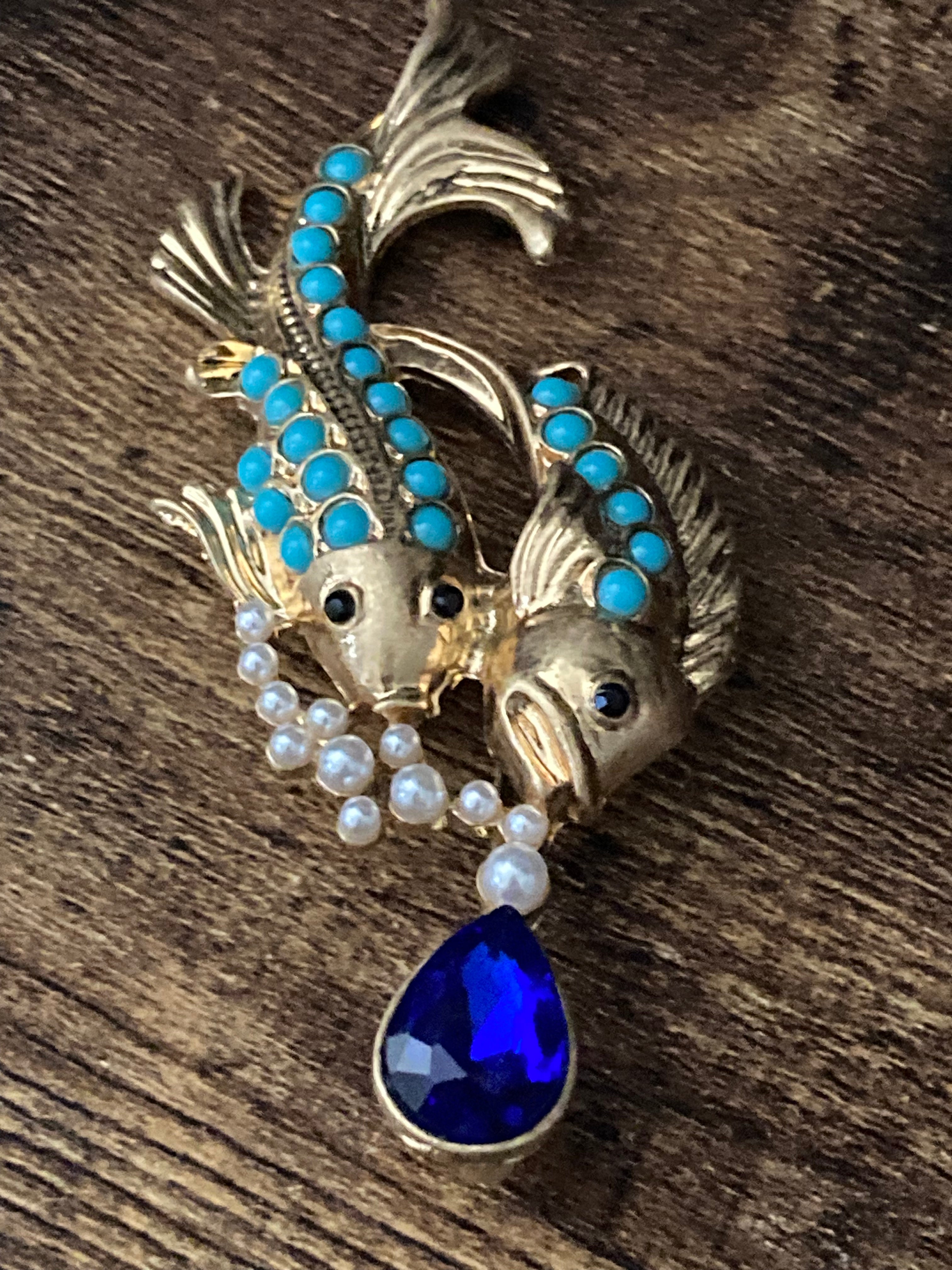 Oriental fish brooch with turquoise and diamanté