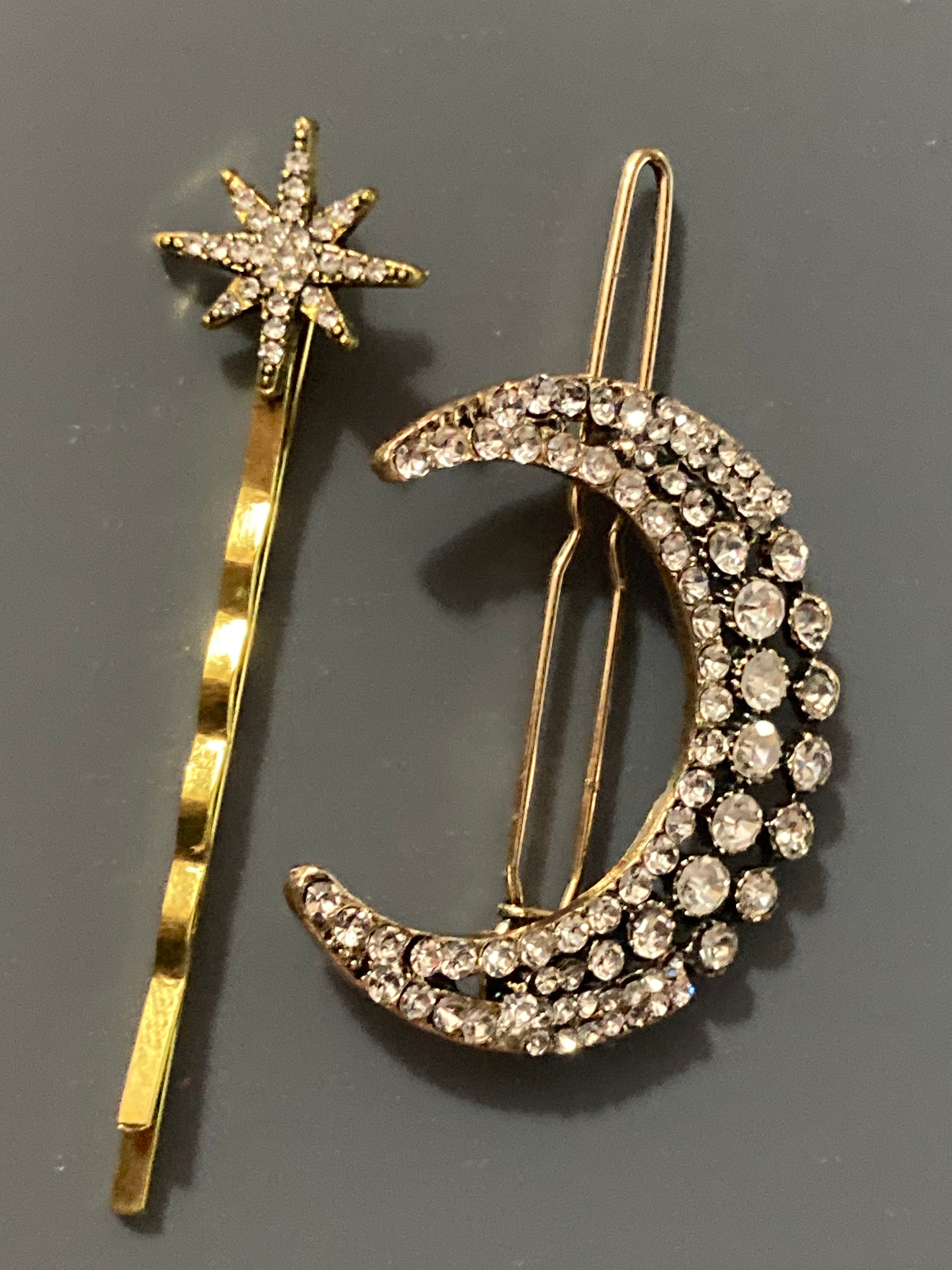 Diamanté Crescent moon and star pair of hair slides