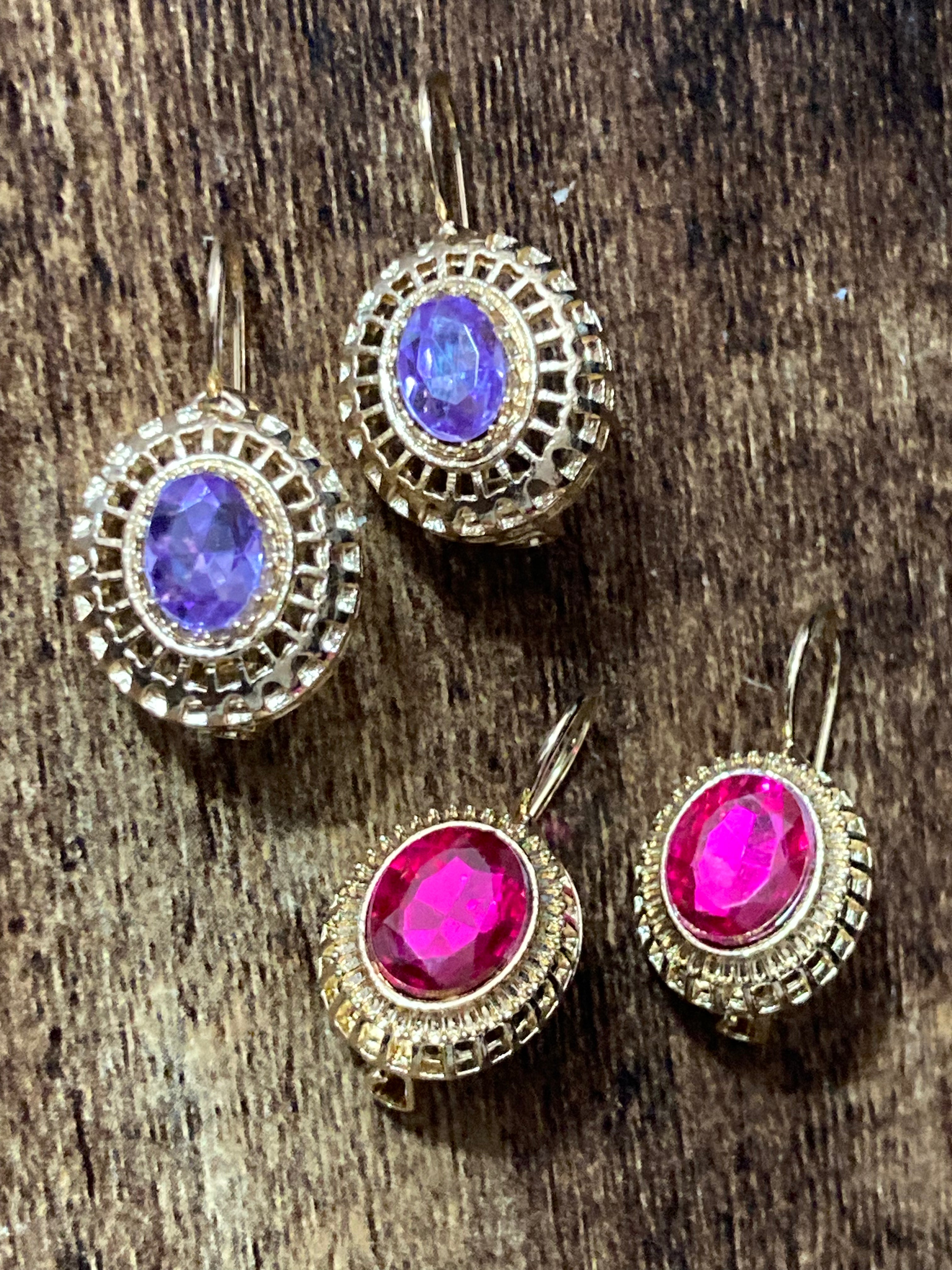 Gold amethyst diamanté drop earrings Victorian style