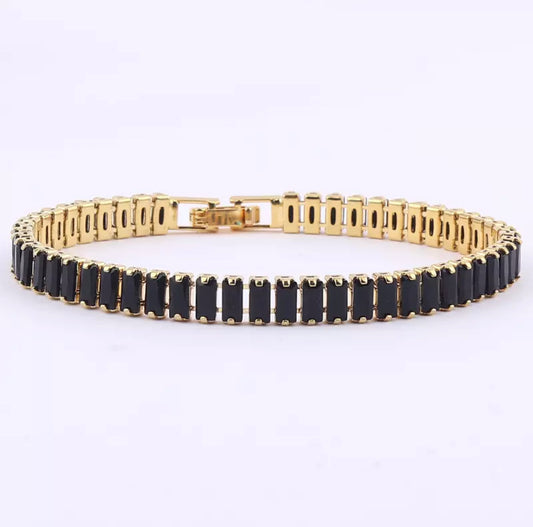 High End Black CZ tennis bracelet baguette Crystal diamanté gold plated