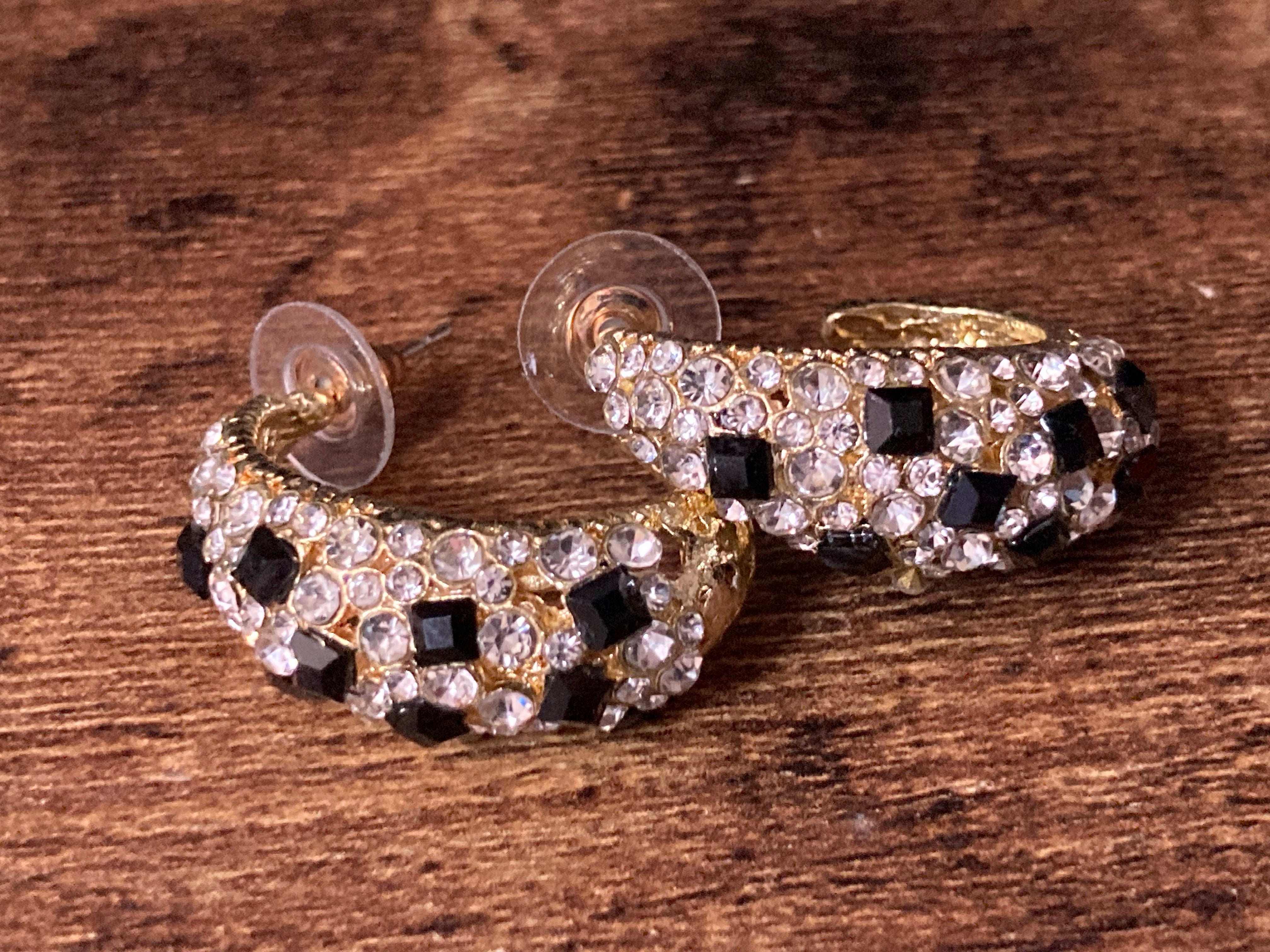 Black & clear diamanté Crystal gold half hoop earrings