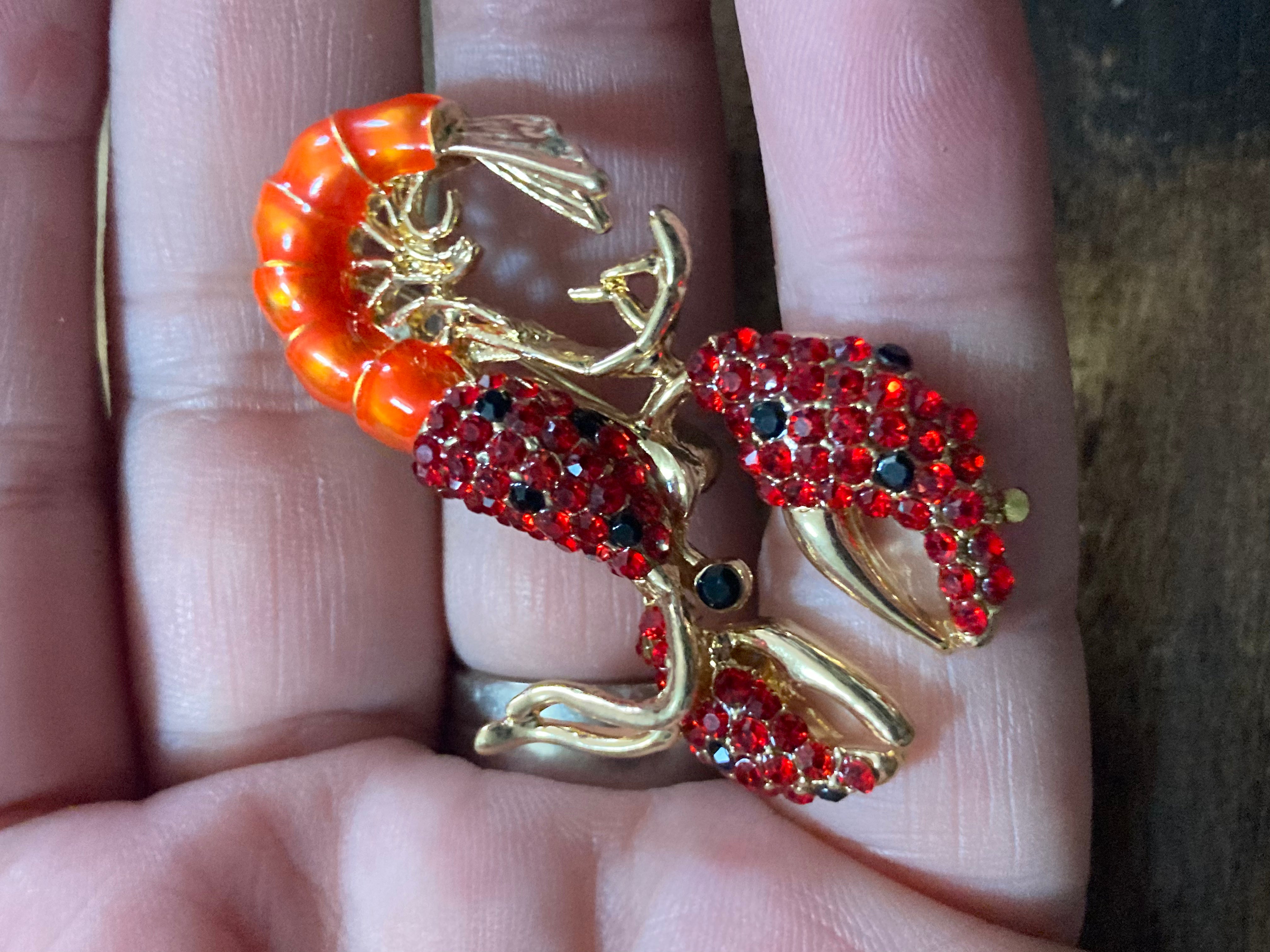 Lobster brooch Orange enamel and diamanté