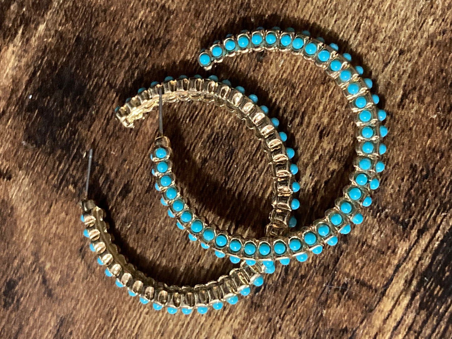 Large turquoise beaded gold hoop earrings