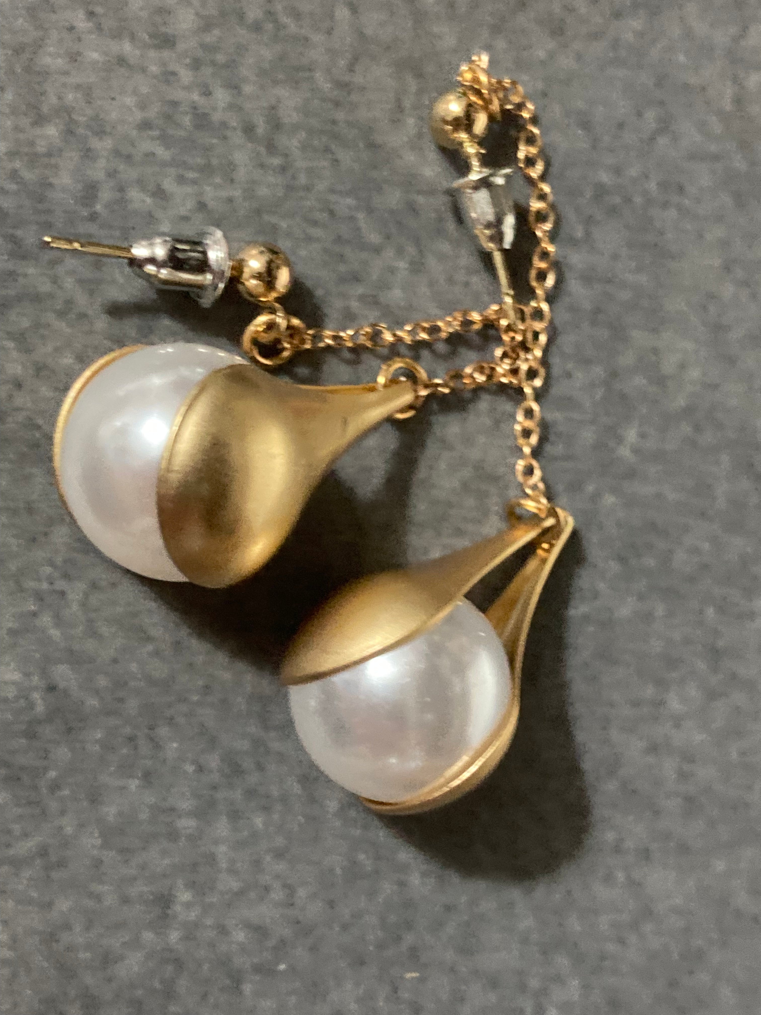 Long gold chain link pearl earrings