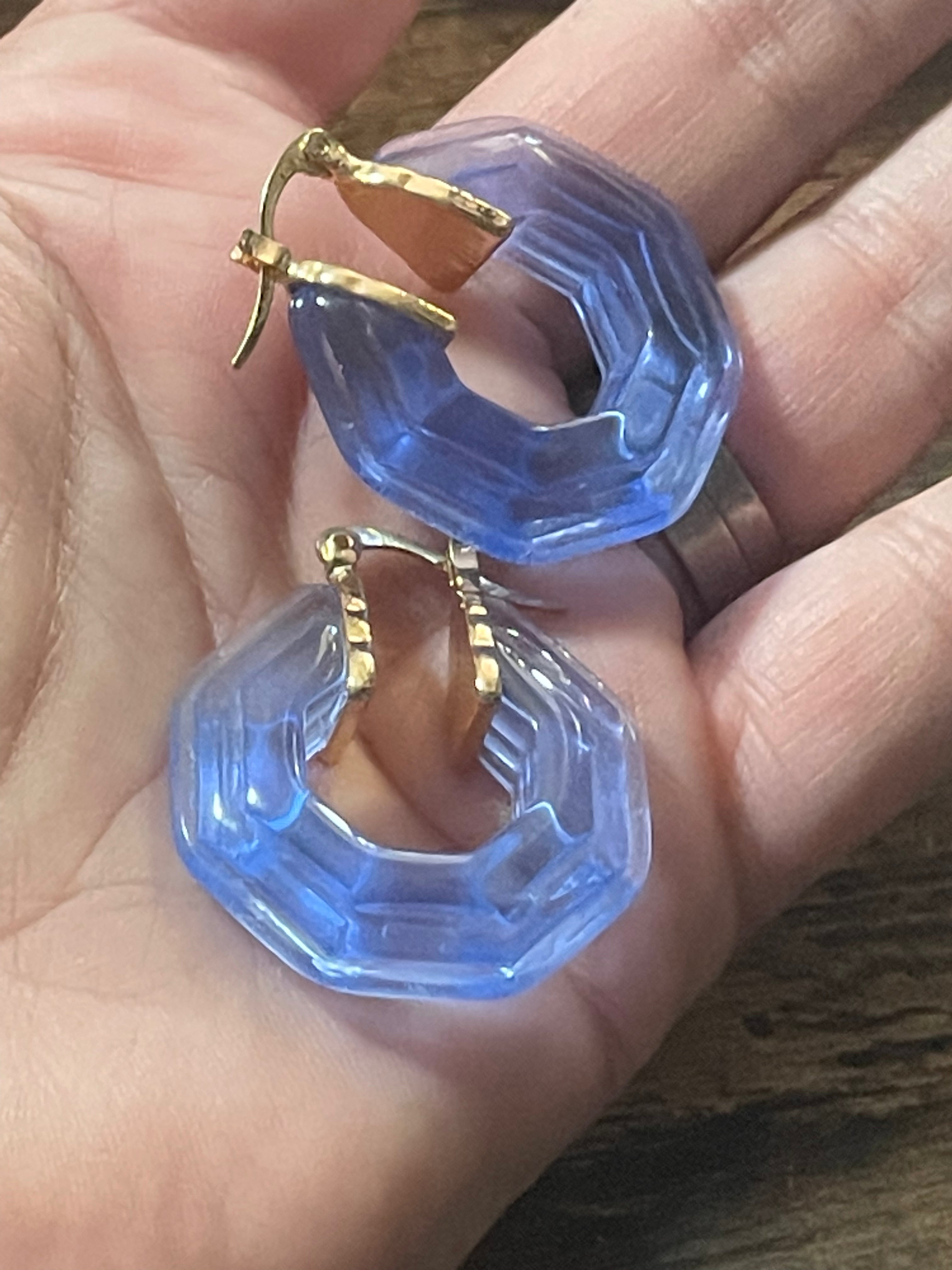 Octagonal blue clear acrylic gold tone hoop earrings