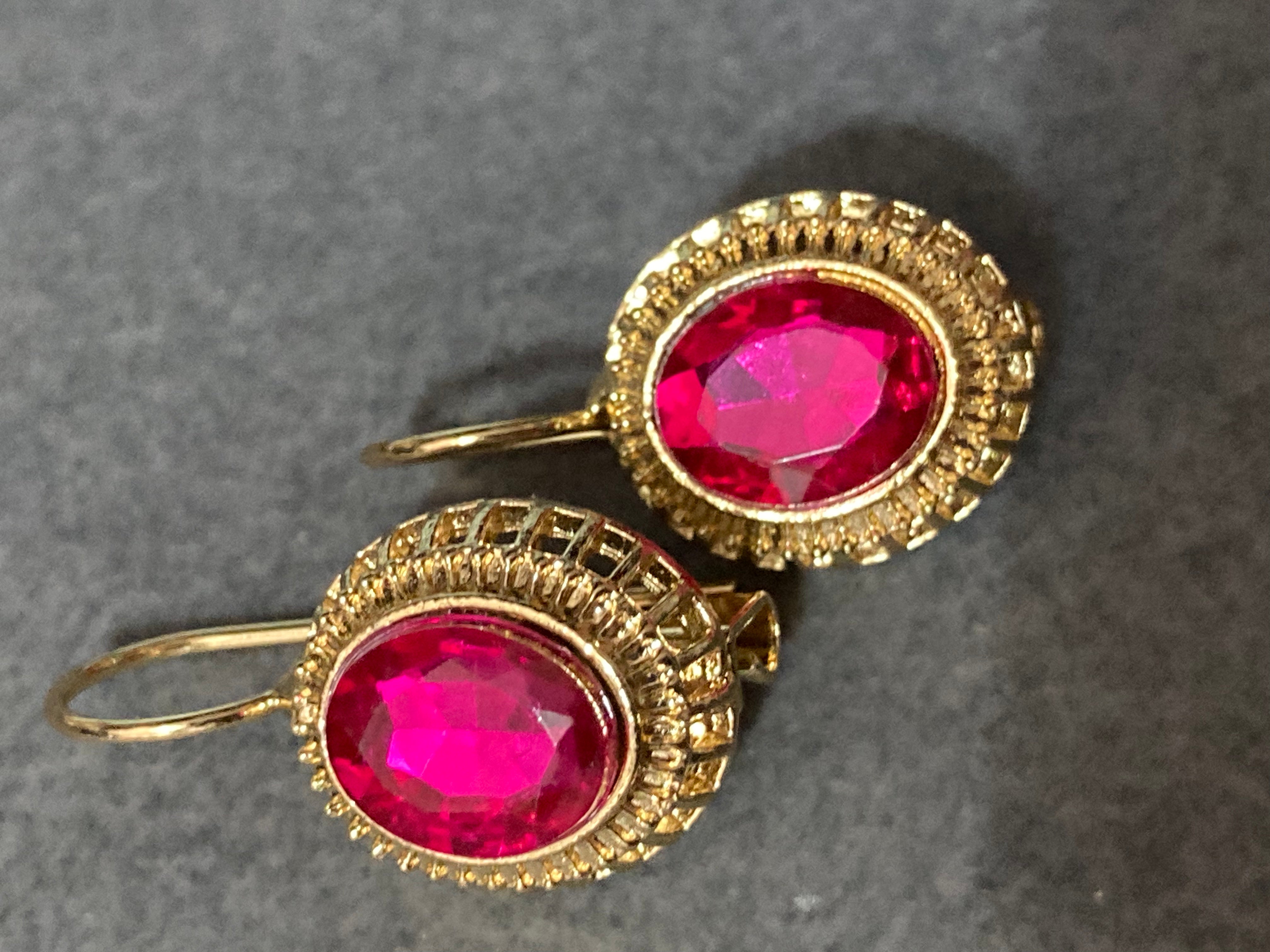 Gold tone hot pink glass diamanté drop earrings Victorian style