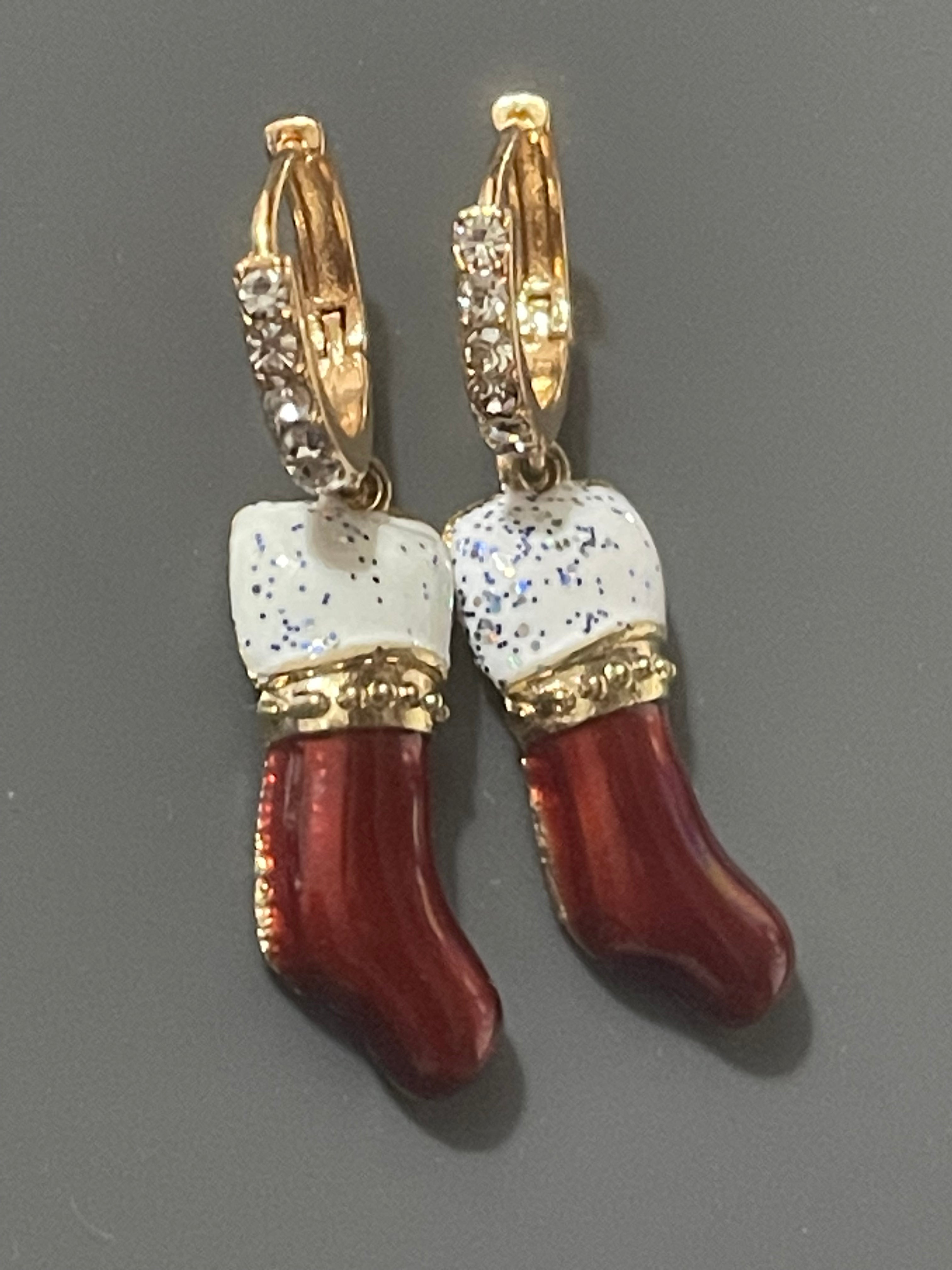 Novelty Christmas stocking red enamel diamanté earrings