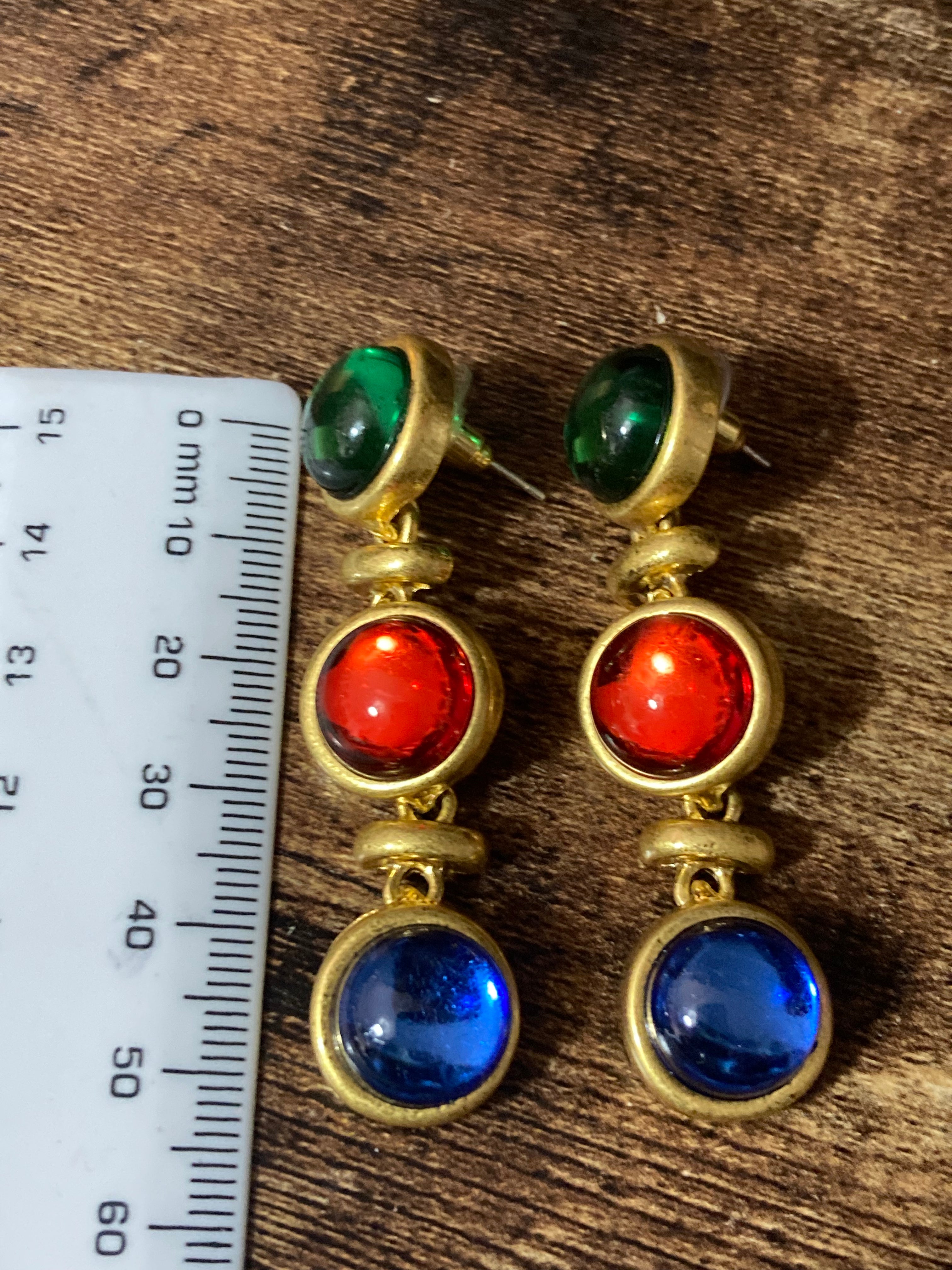 Gold gripoix style emerald ruby sapphire drop earrings