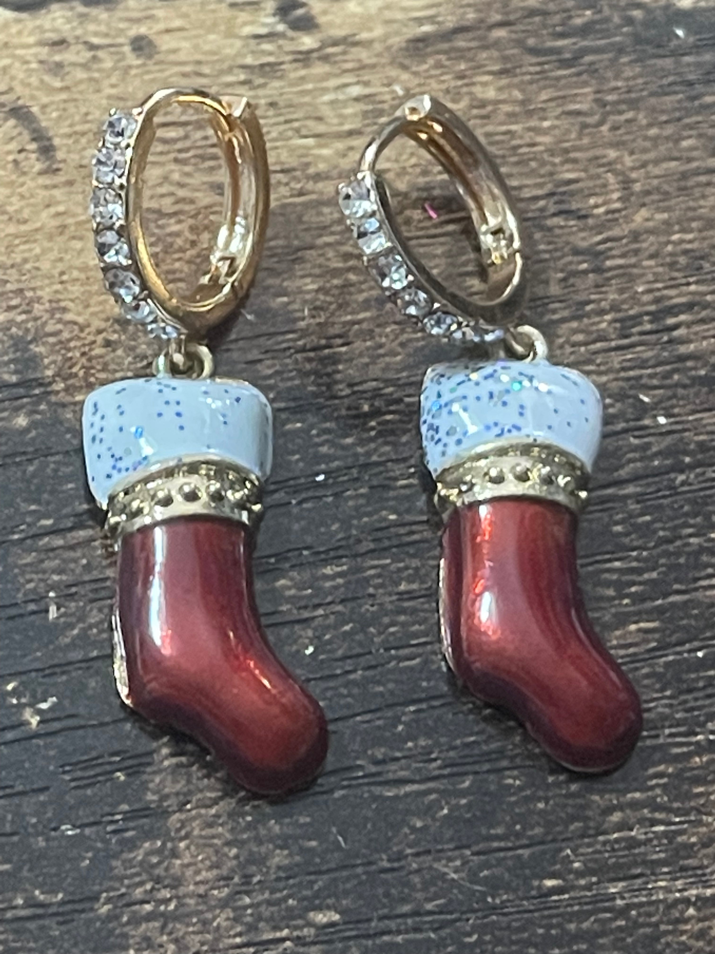 Novelty Christmas stocking red enamel diamanté earrings