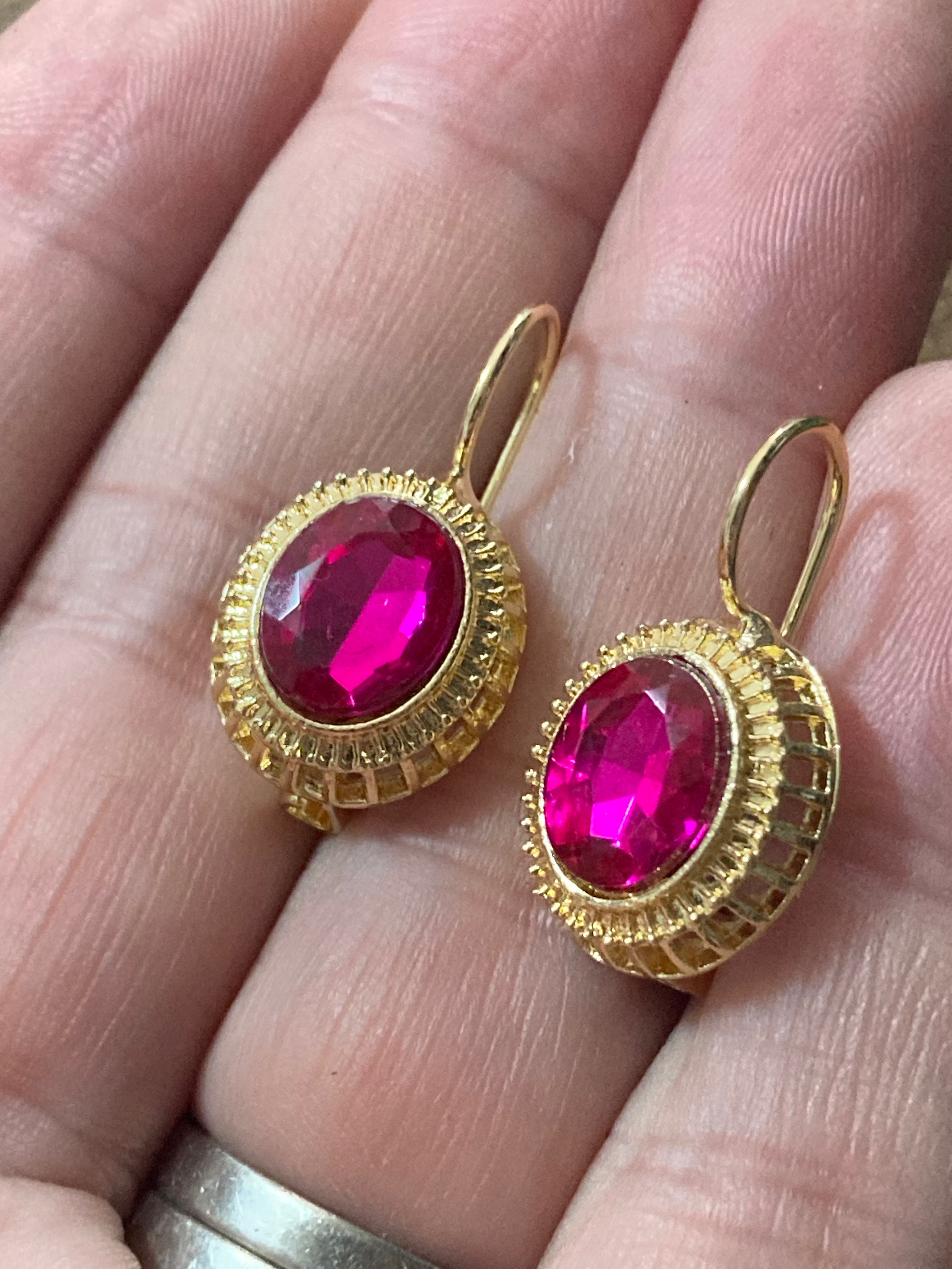 Gold tone hot pink glass diamanté drop earrings Victorian style