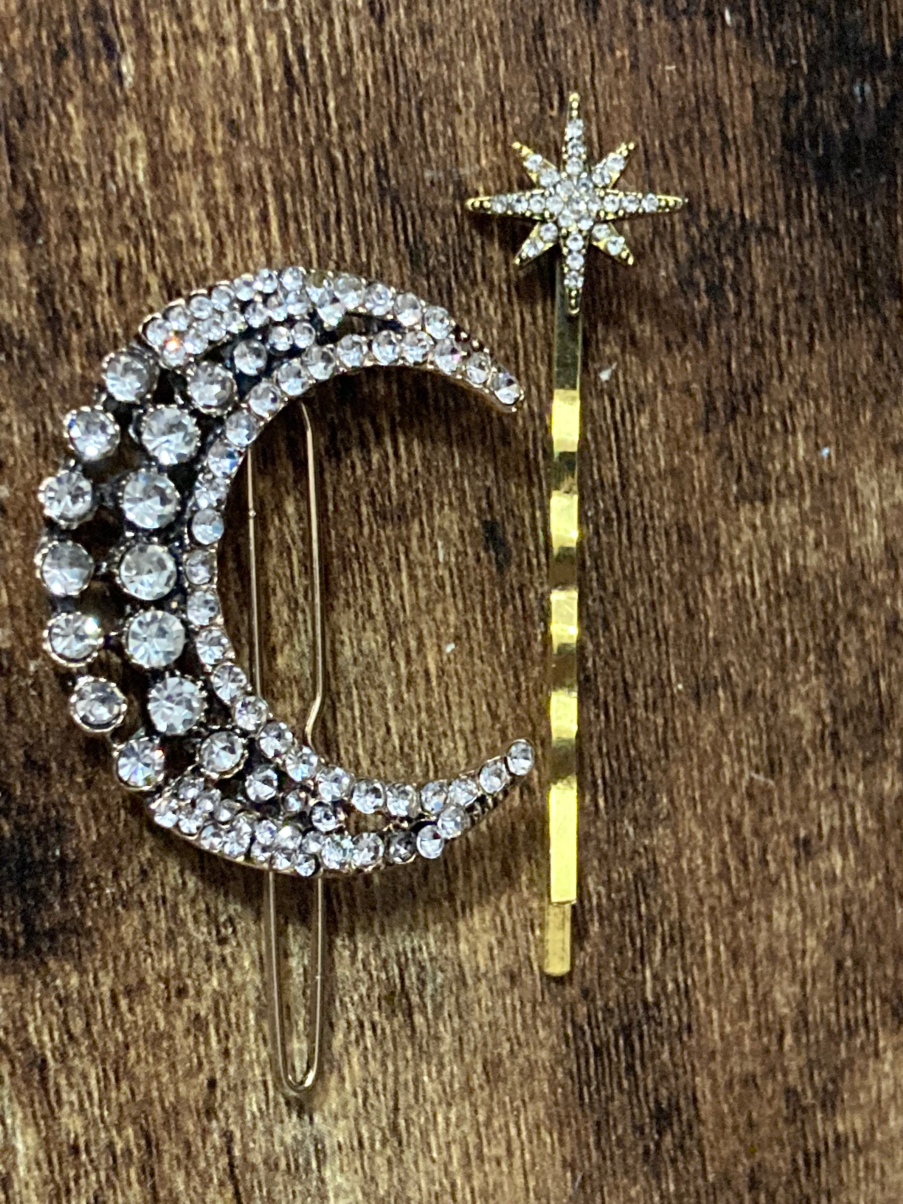 Diamanté Crescent moon and star pair of hair slides