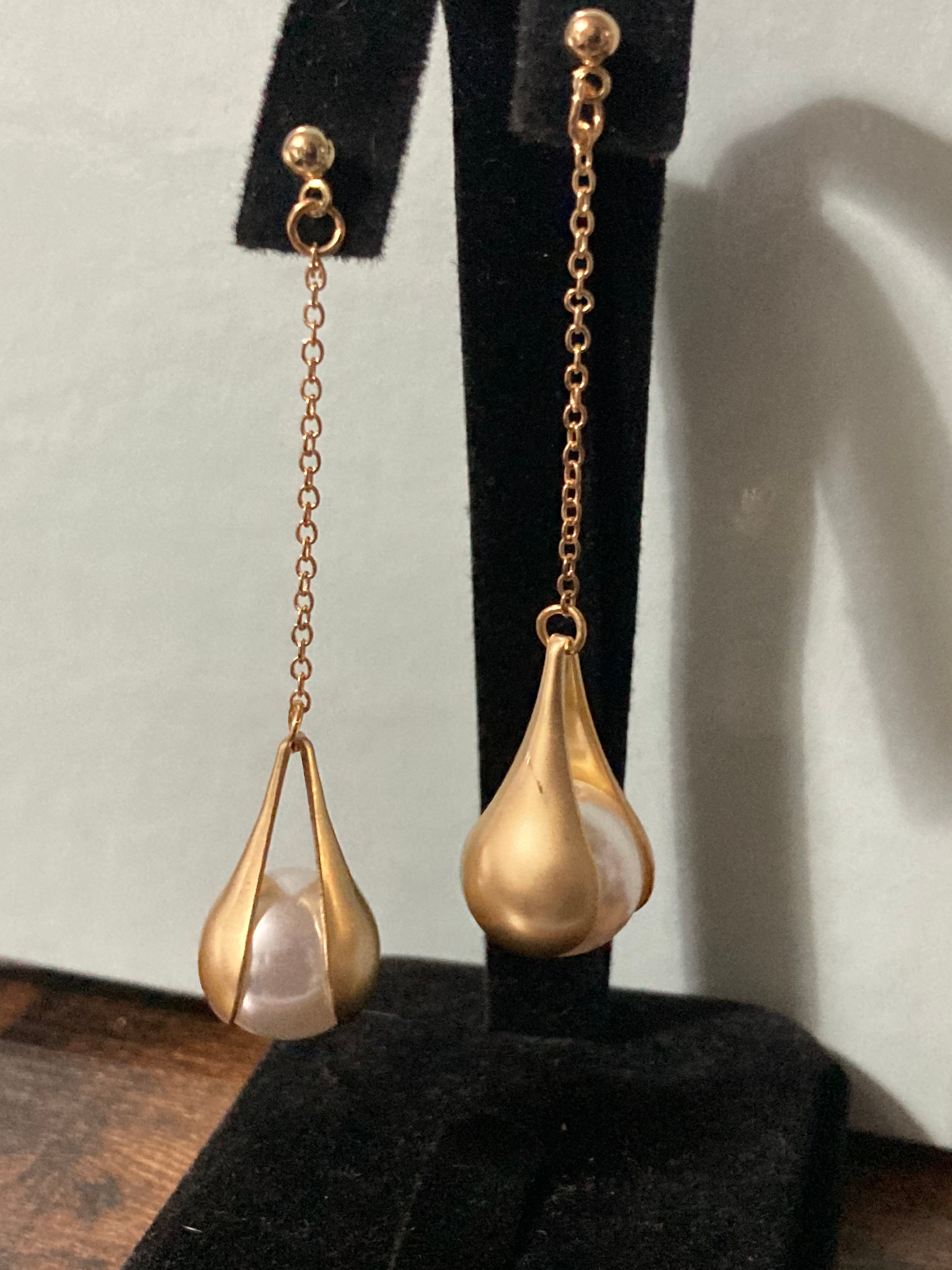 Long gold chain link pearl earrings