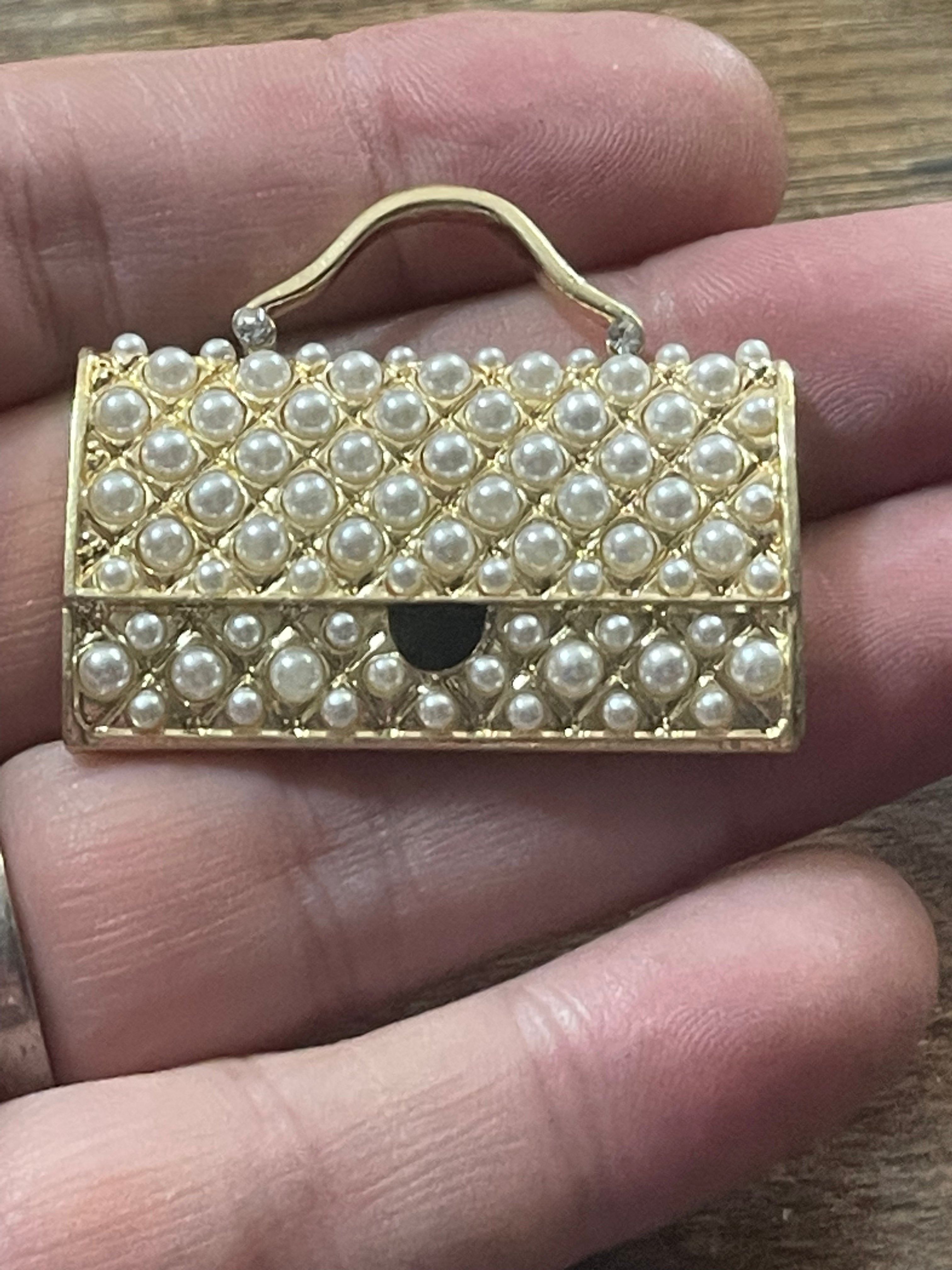 Novelty seed pearl handbag brooch gold tone