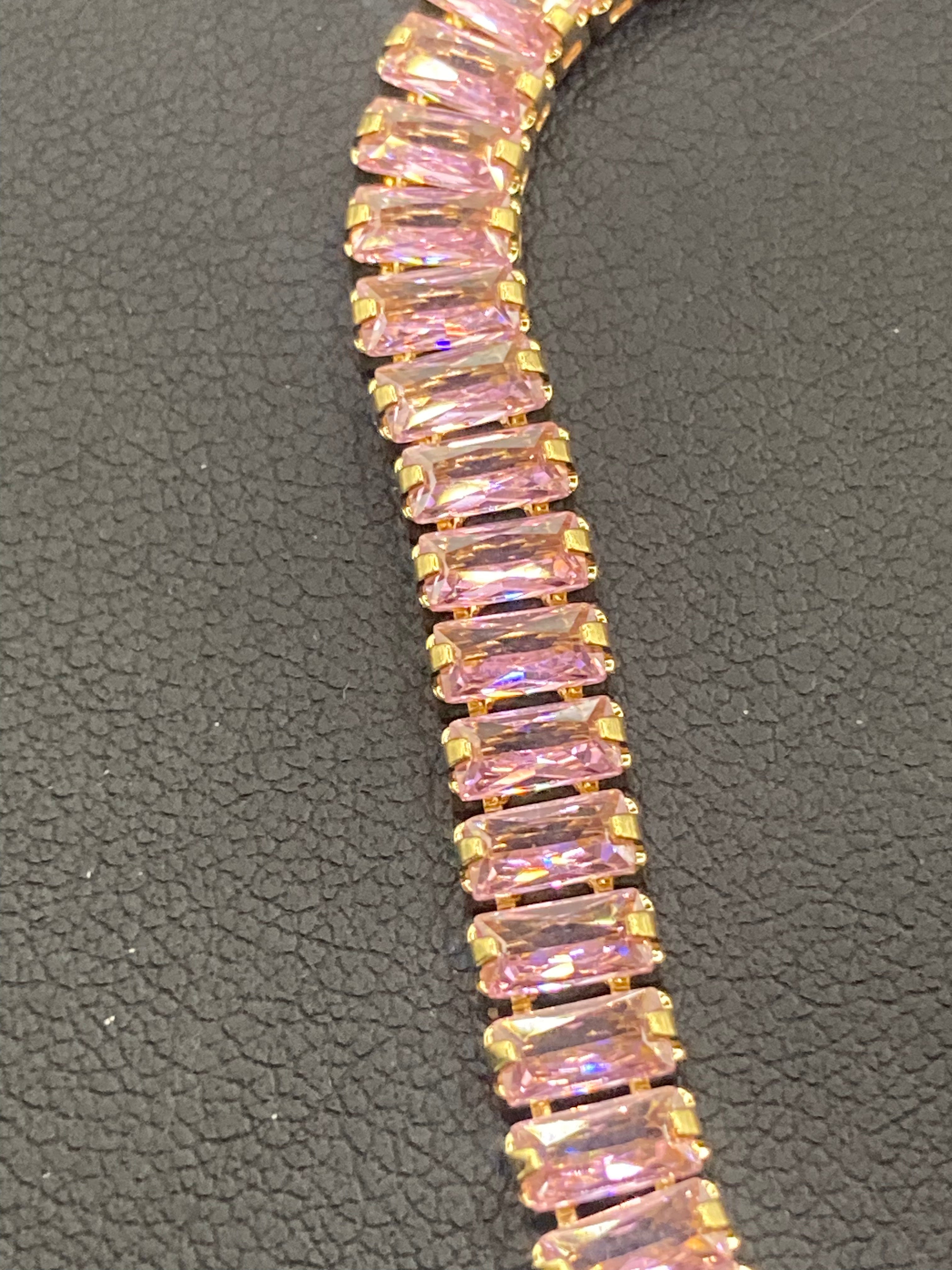 High End pink CZ tennis bracelet baguette Crystal diamanté gold plated