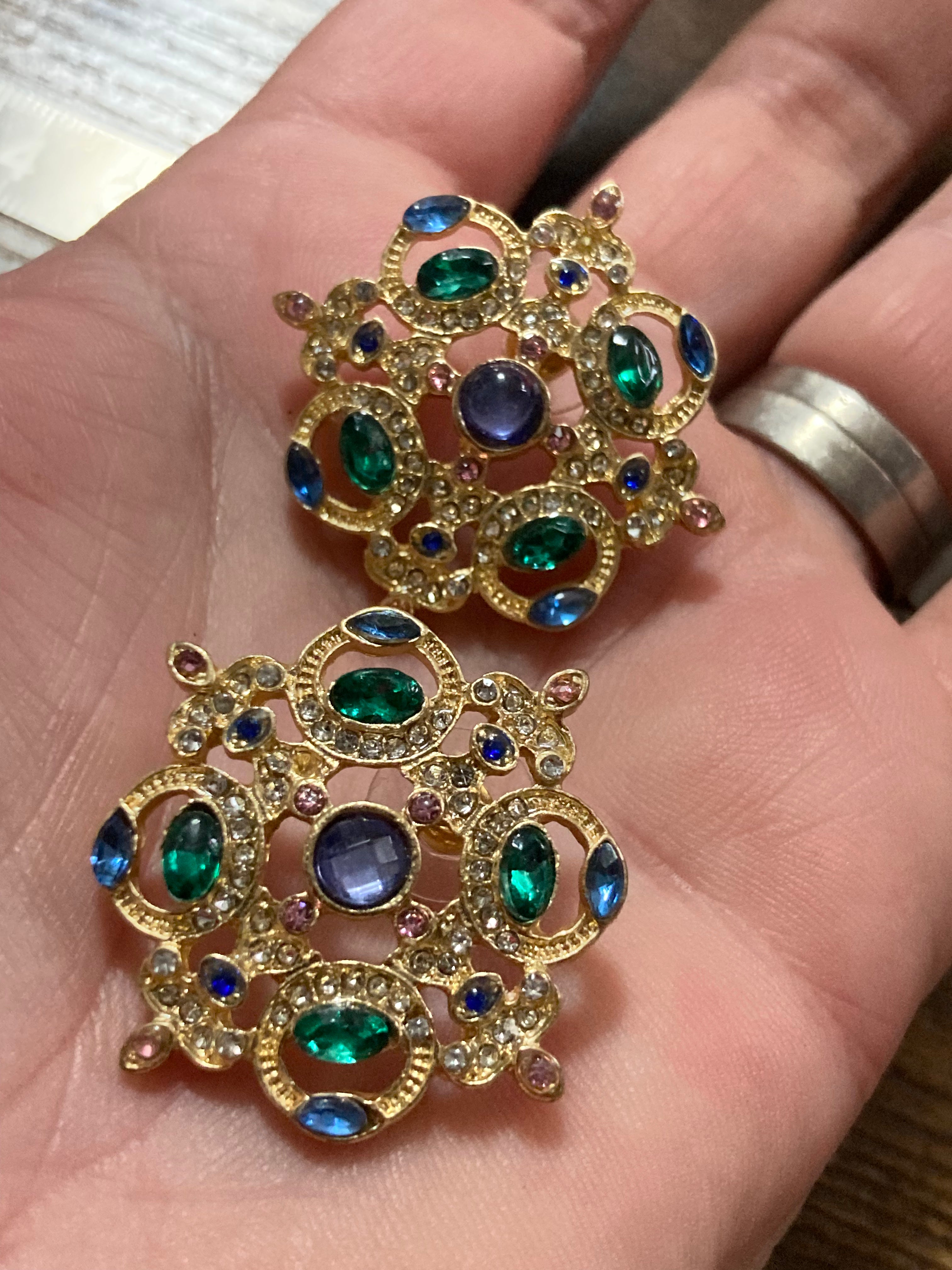 Oversized diamanté regal stud earrings purple green