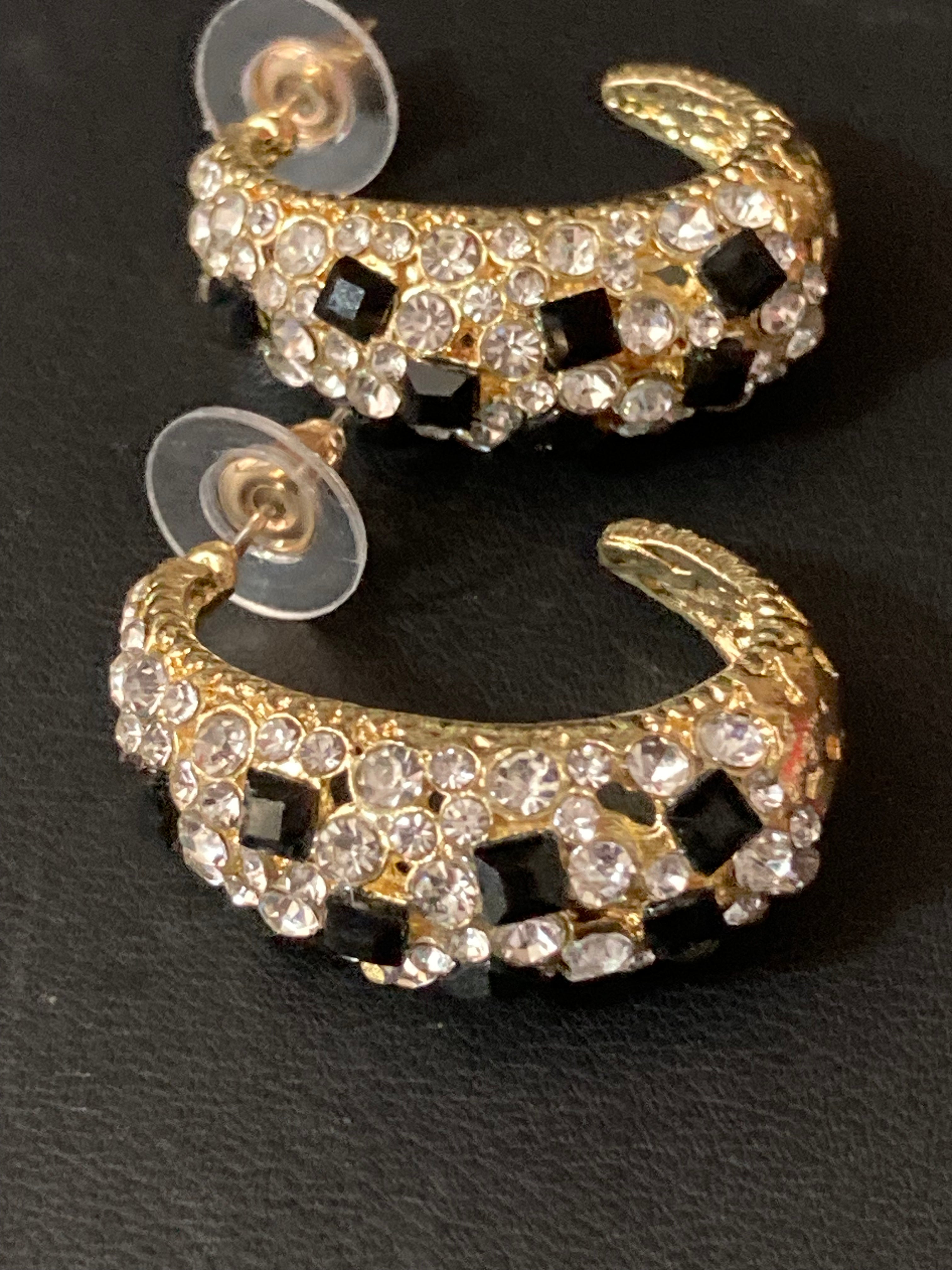 Black & clear diamanté Crystal gold half hoop earrings