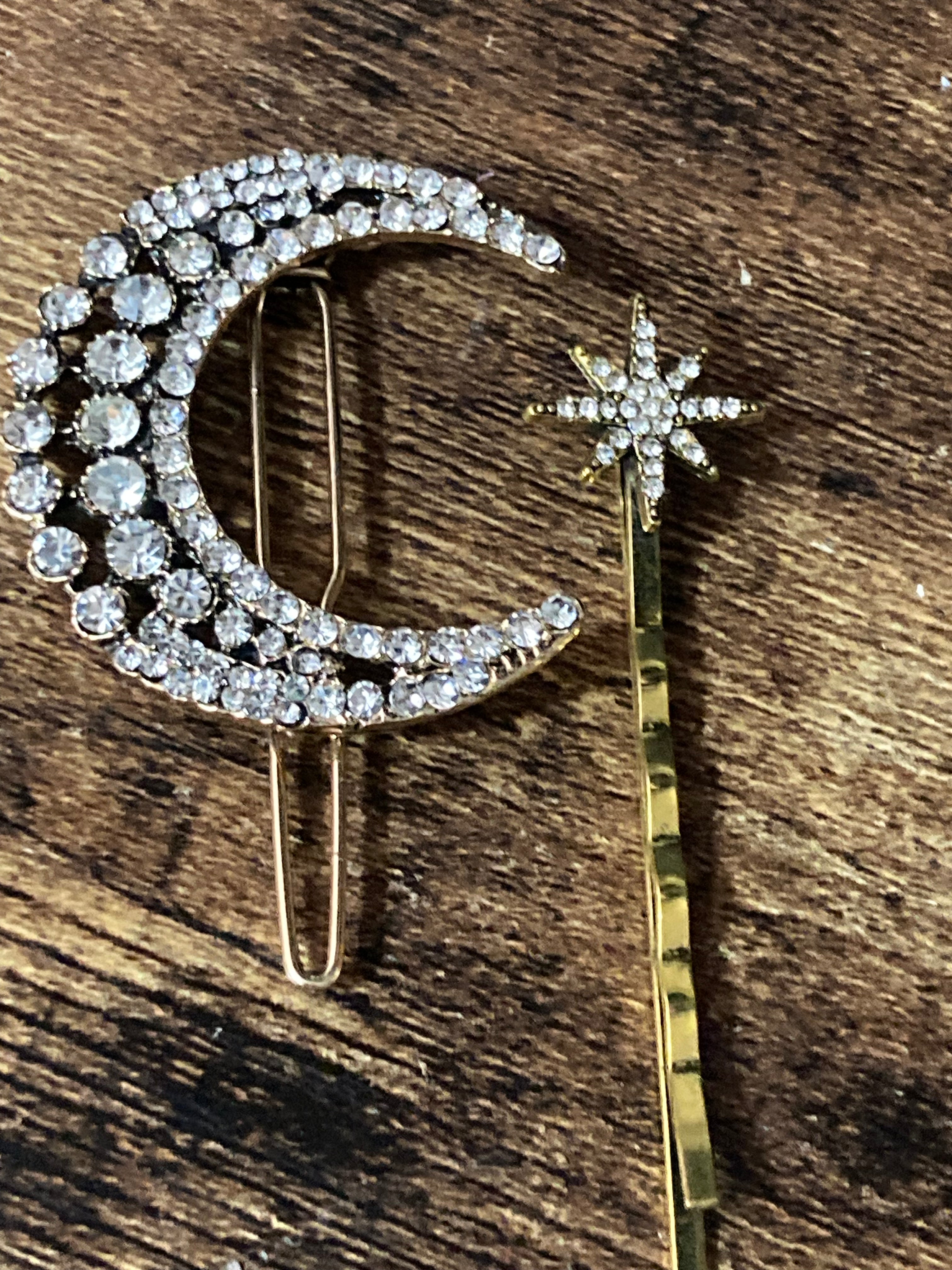 Diamanté Crescent moon and star pair of hair slides