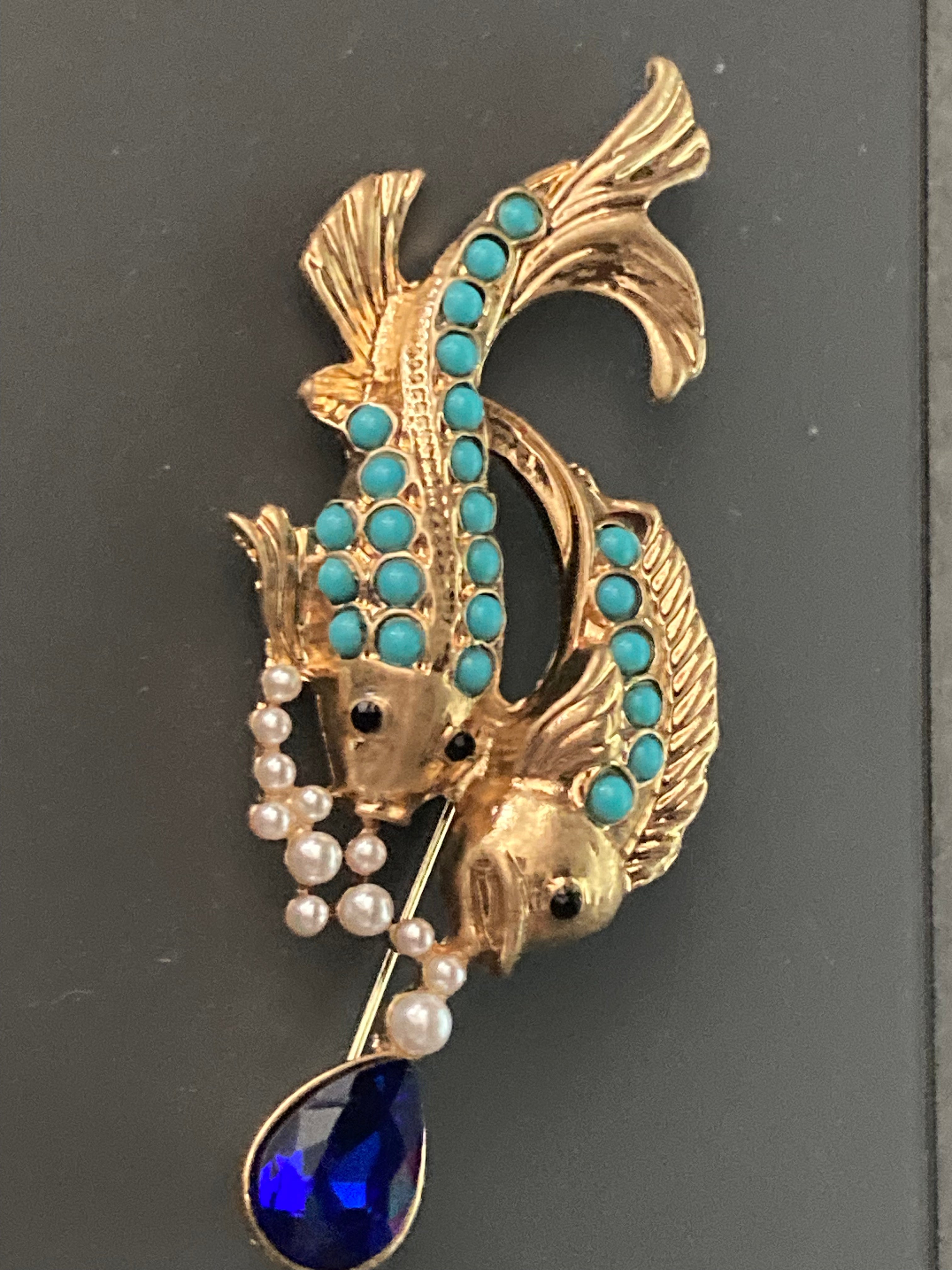 Oriental fish brooch with turquoise and diamanté