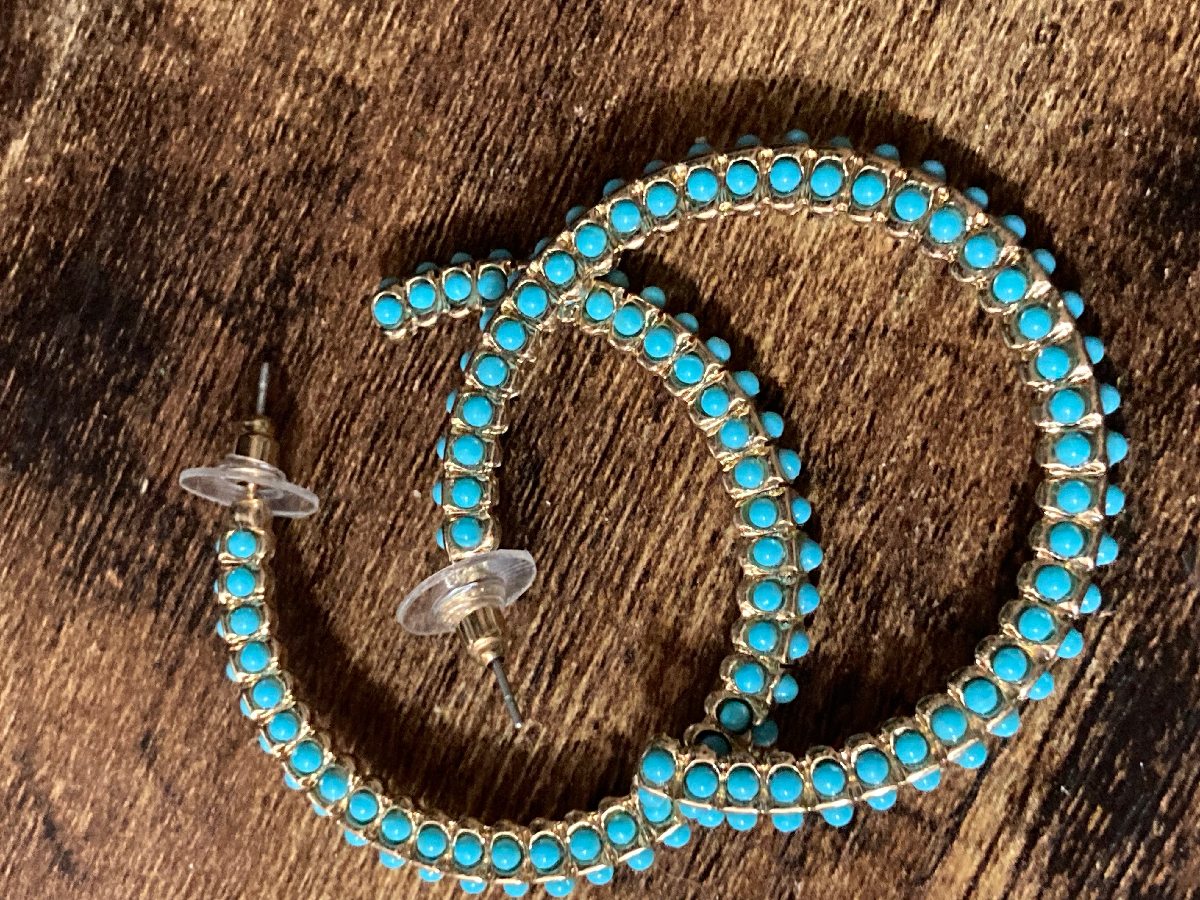 Large turquoise beaded gold hoop earrings