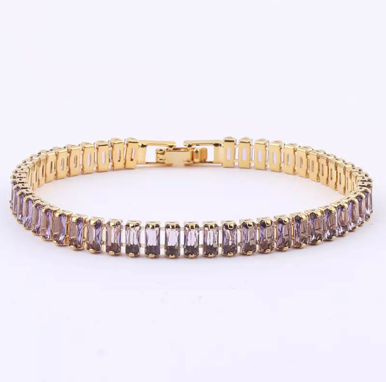 High End Amethyst Purple CZ tennis bracelet baguette Crystal diamanté gold plated