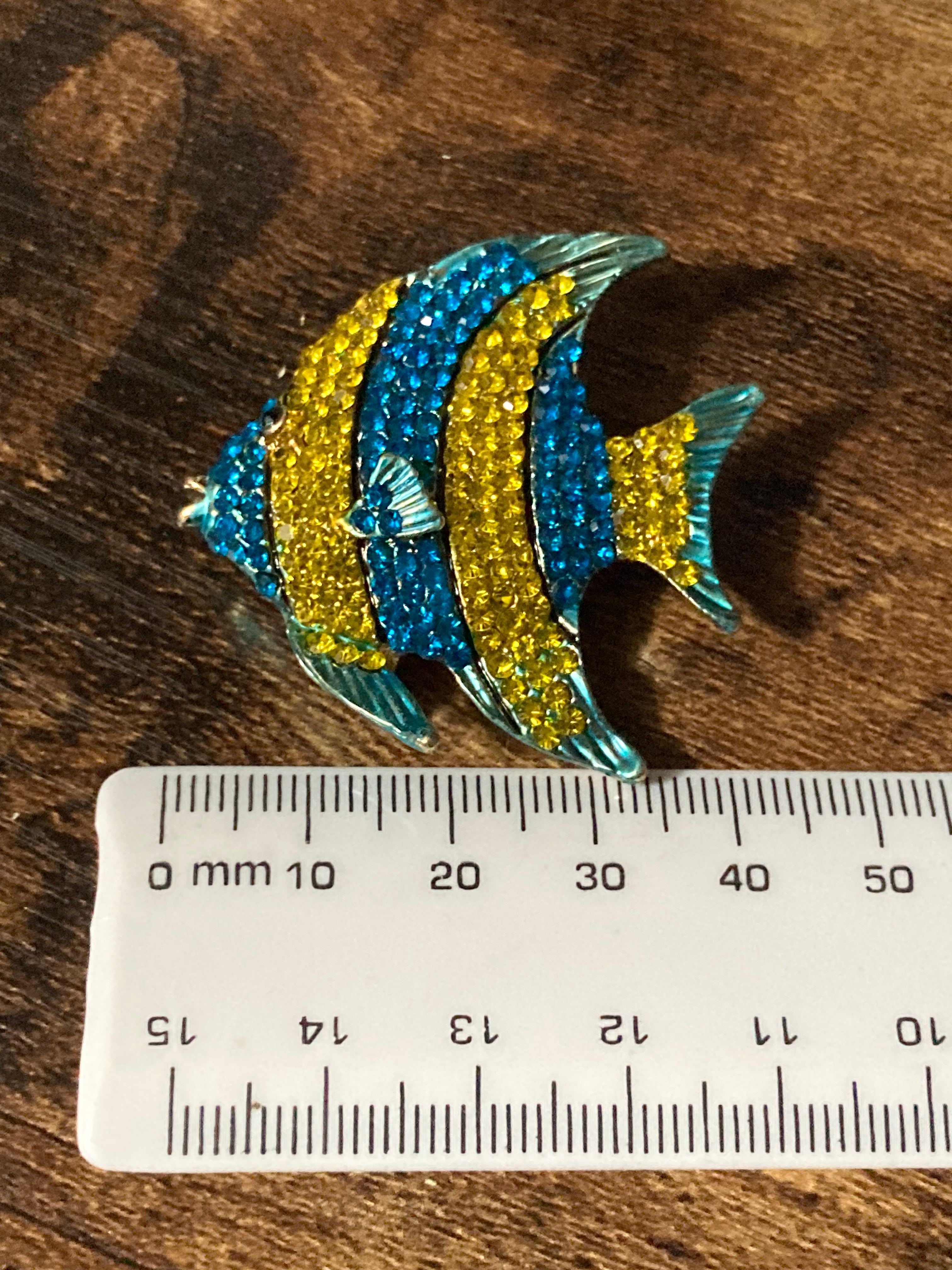 Diamanté fish brooch blue and yellow