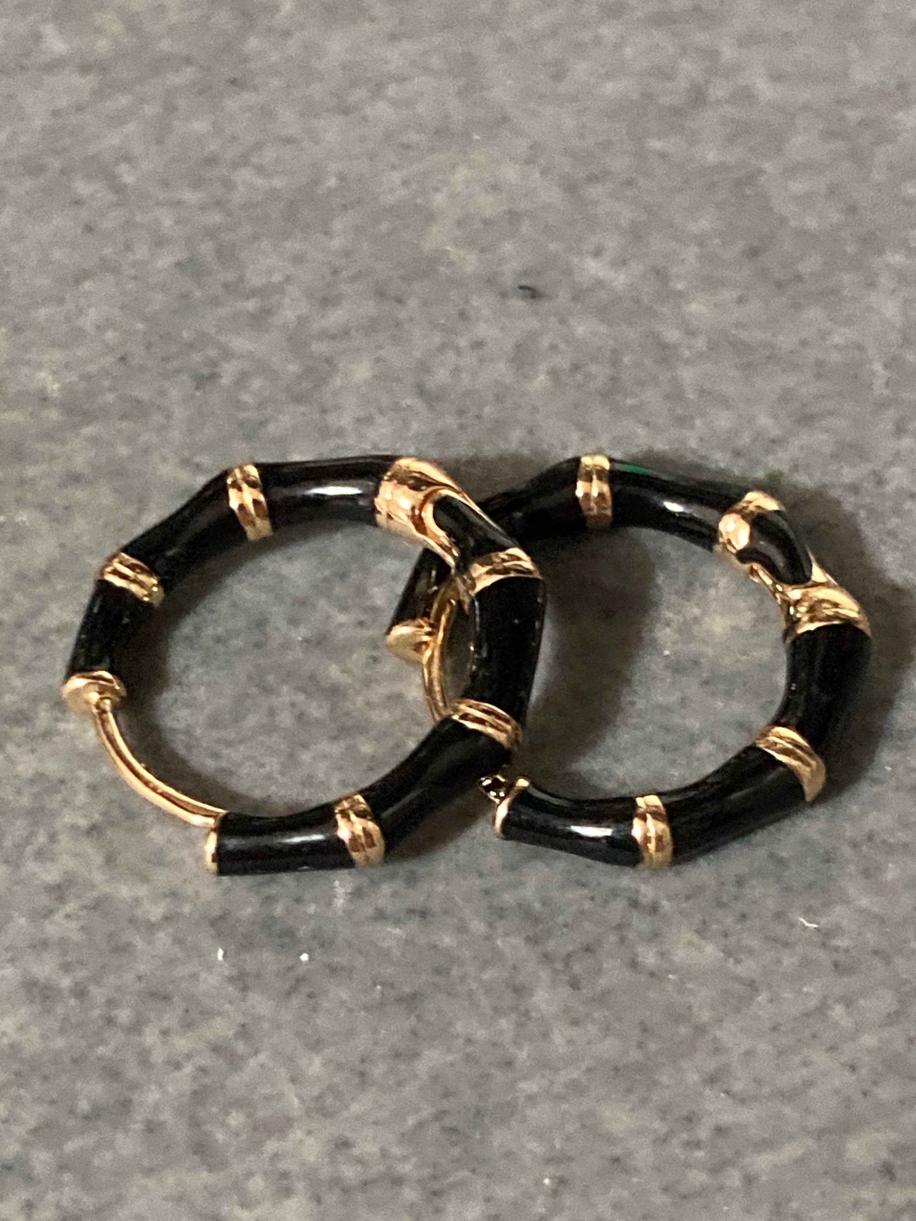 Small enamel black and gold bamboo design hoop earrings Huggies