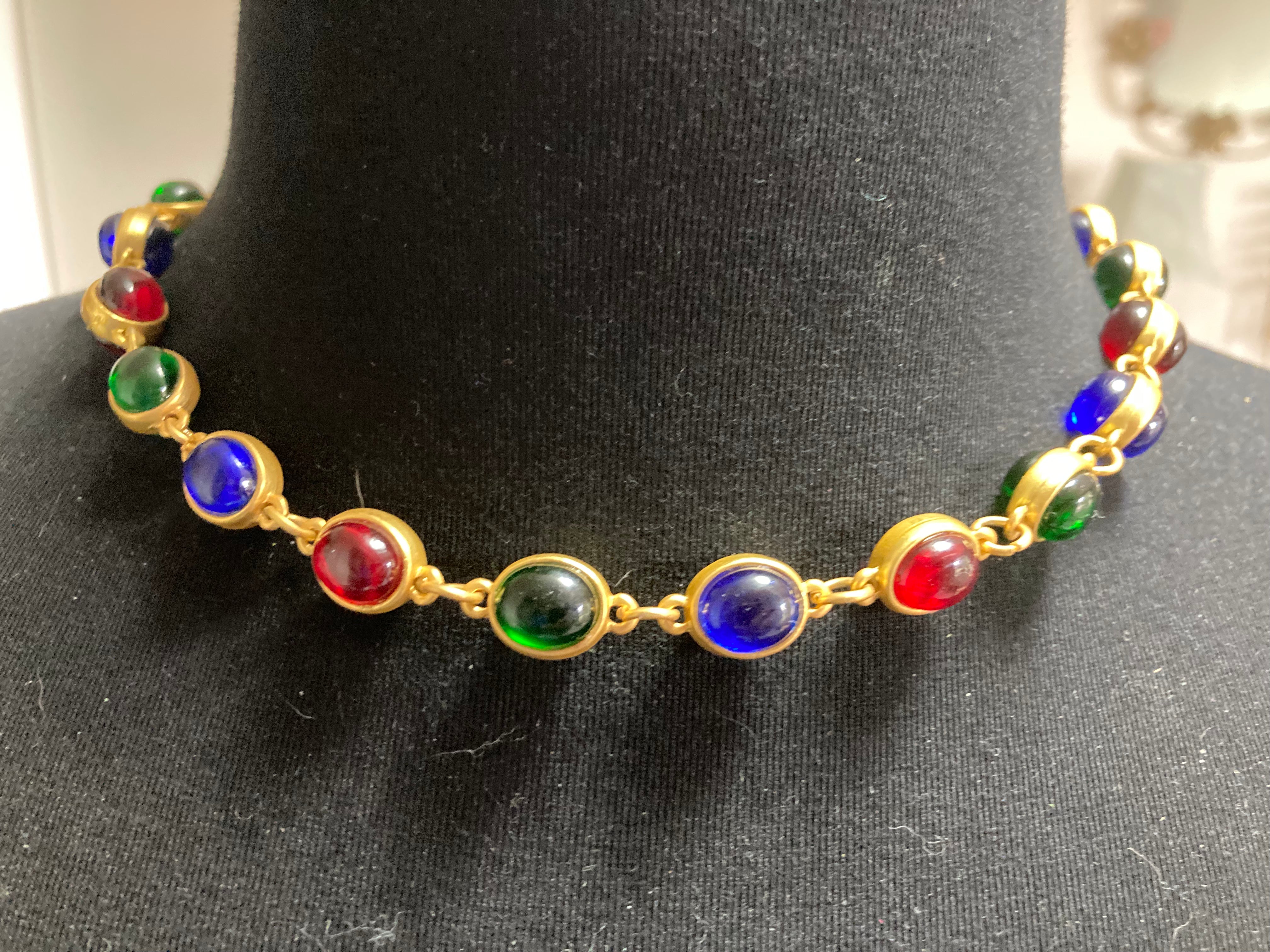 Etruscan choker Gripoix style red green blue cabochon necklace