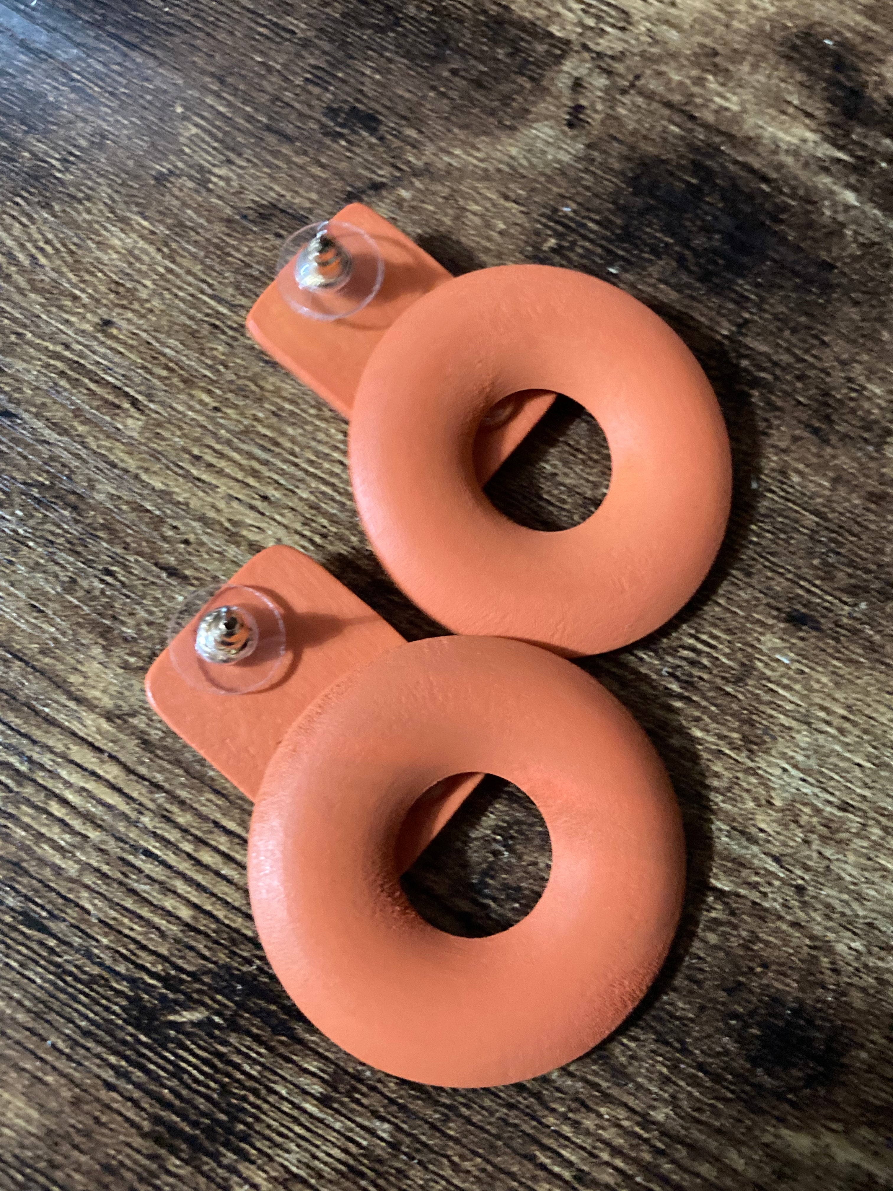 Orange wooden door knocker earrings