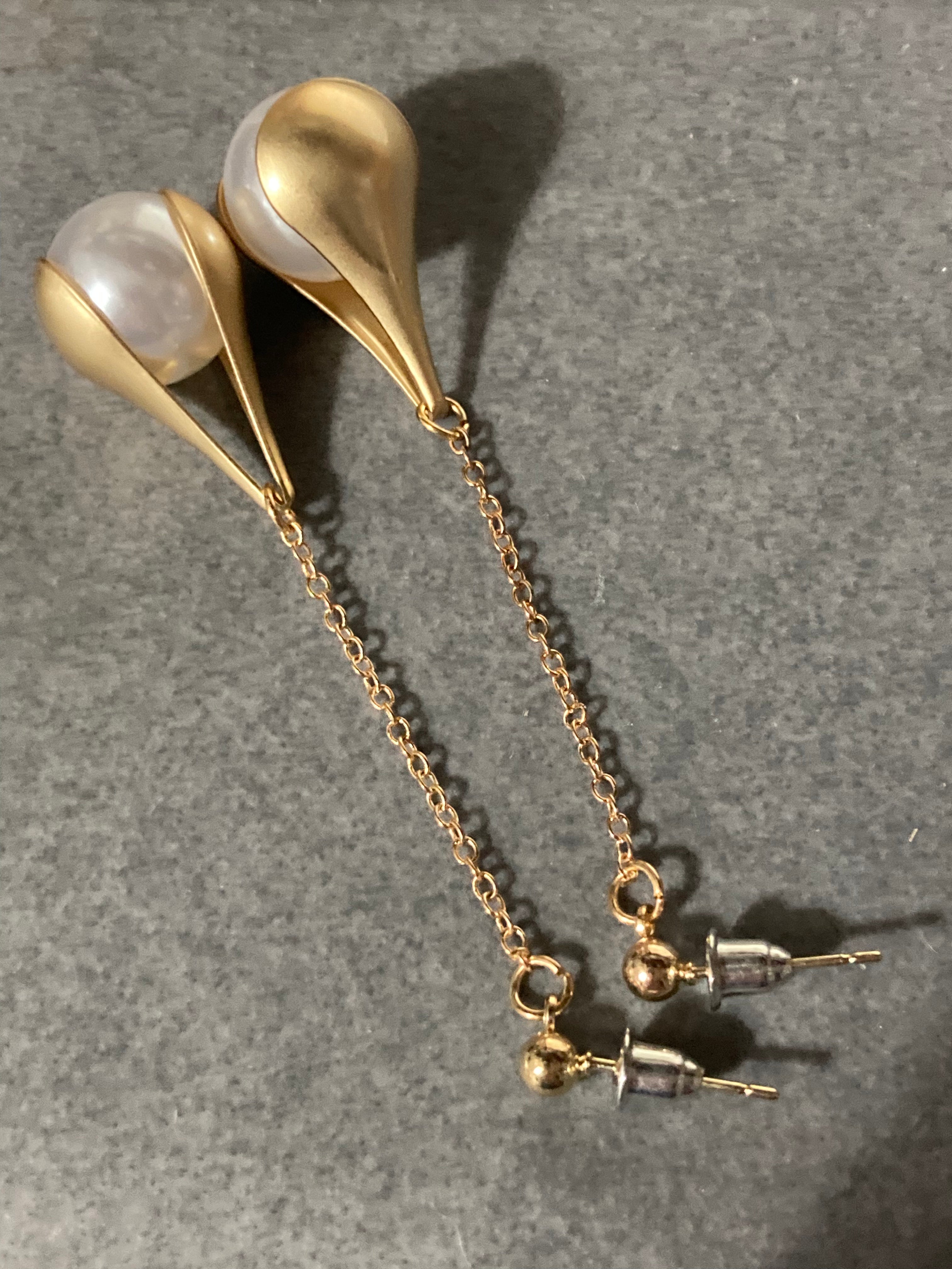 Long gold chain link pearl earrings